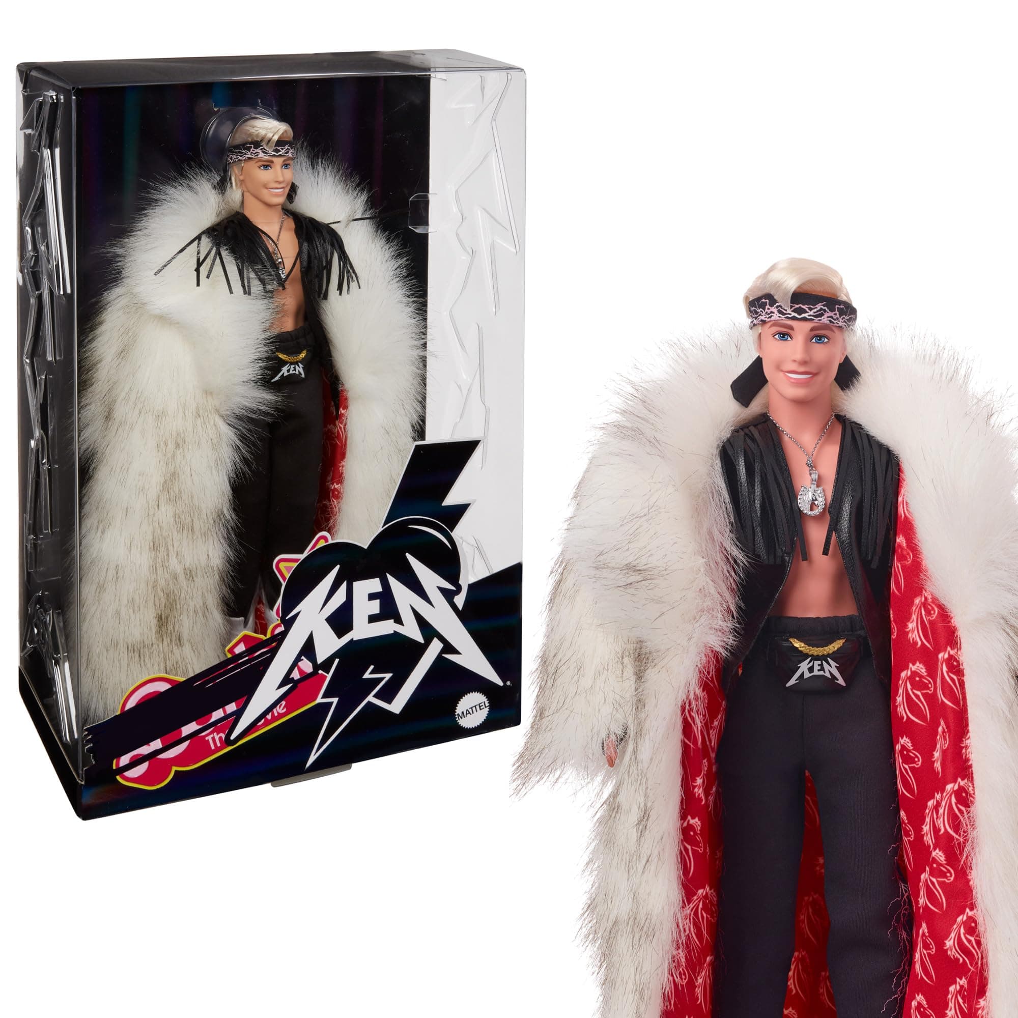Barbie The Movie Ken Collectible Doll Dressed In Large Faux Fur Coat And Black Fringe Vest With Bandana, HRF31