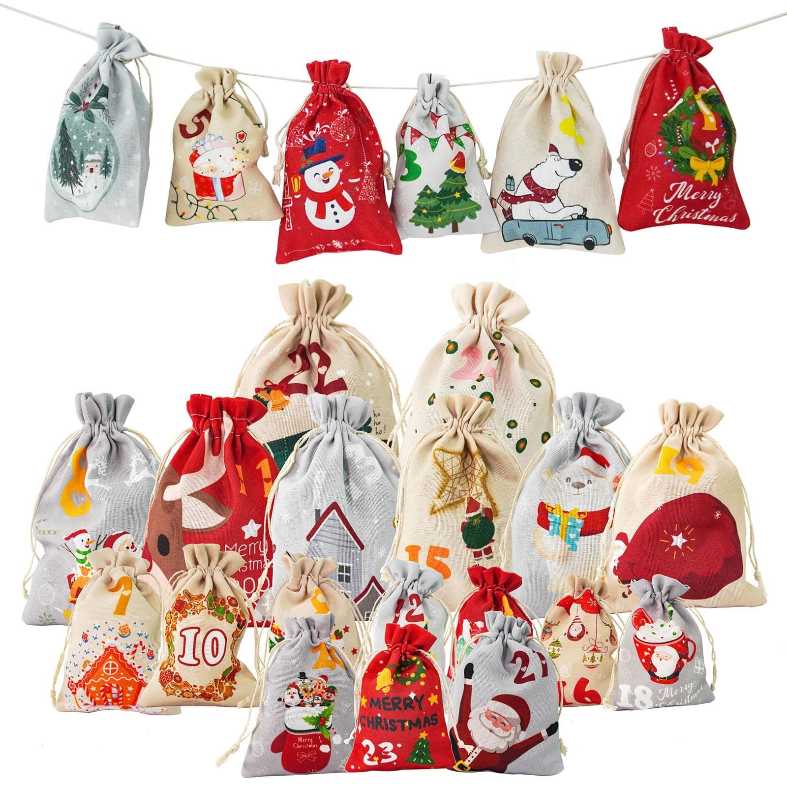 24 Pieces Christmas Countdown Bag with Drawstrings Small Christmas Gift Goody Bags for Xmas Holiday New Year Party Favors Supplies, 24 Designs Advent Calendar Bags
