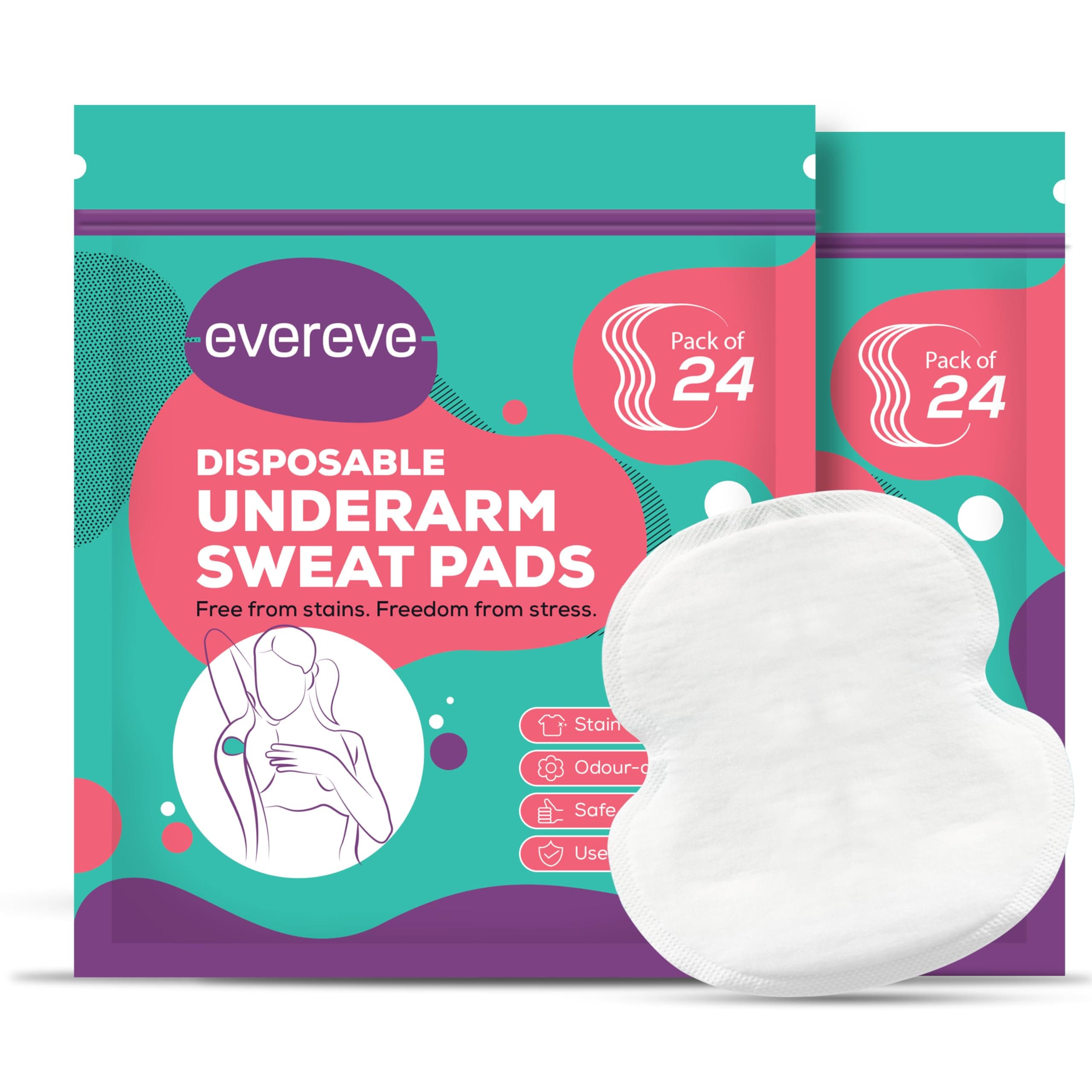 Evereve Disposable Underarm Sweat Pads (24's x 2) 48 pcs for Women & Men, Folded, Sweat absorbent, Stain proof, Odour control, Skin friendly, Safe on fabrics