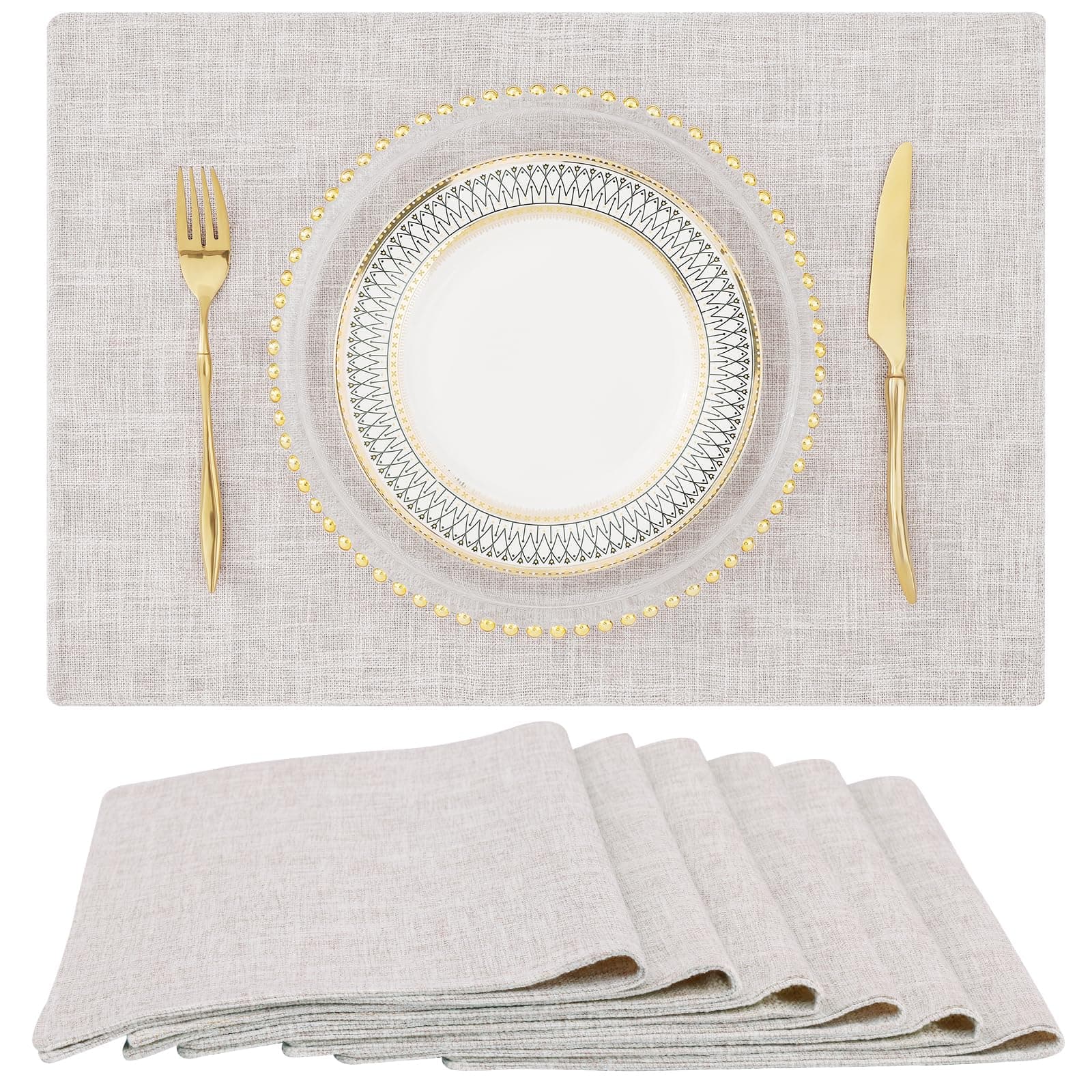 homing Cotton Linen Placemats Set of 6, Cloth Washable Farmhouse Dining Table Mats for Indoor, Outdoor, Easter, Easy to Clean, Neutral Beige, 13 x 19 Inch