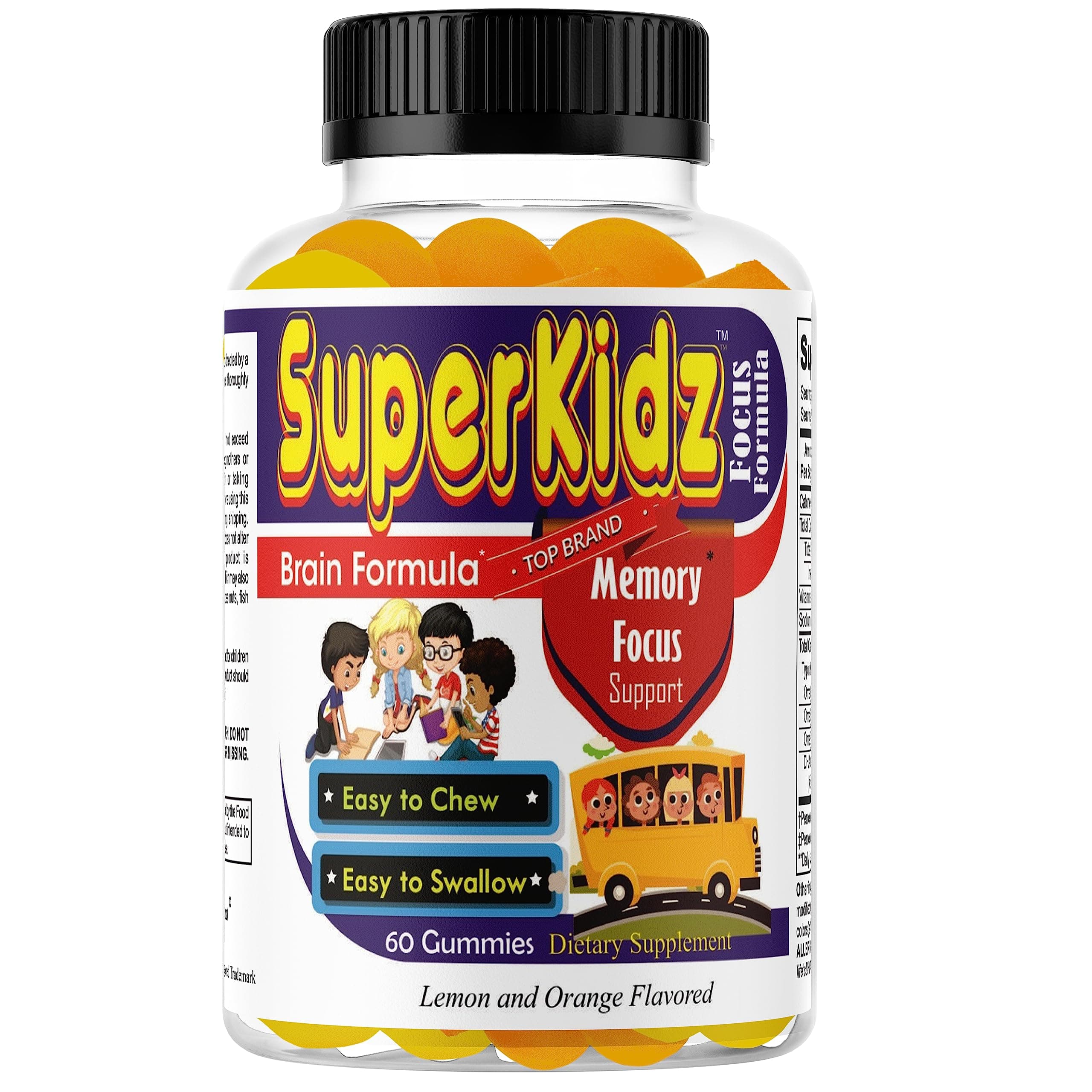 Superkids Focus Gummies for Kids, Omega 3 Gummy Kids Focus and Attention Supplements, Teen Brain Focus Vitamins, Non-GMO Gummy Vitamins, Tasty Lemon & Orange, 60 Count