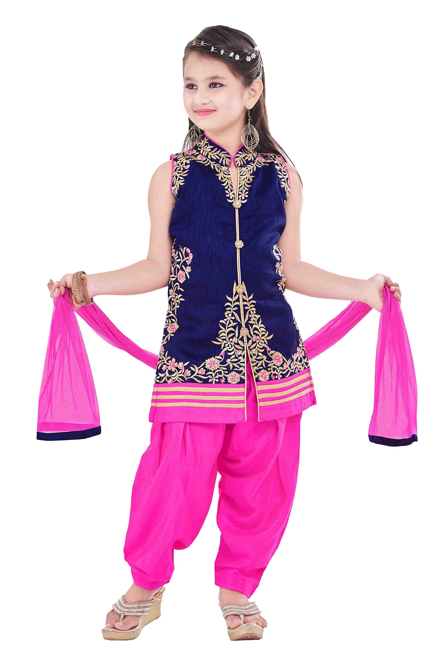 ETHNICAL KIDS Girls' Indian Ethnic Wear Dupion And Netted Fabric Salwar Suit Set Pink