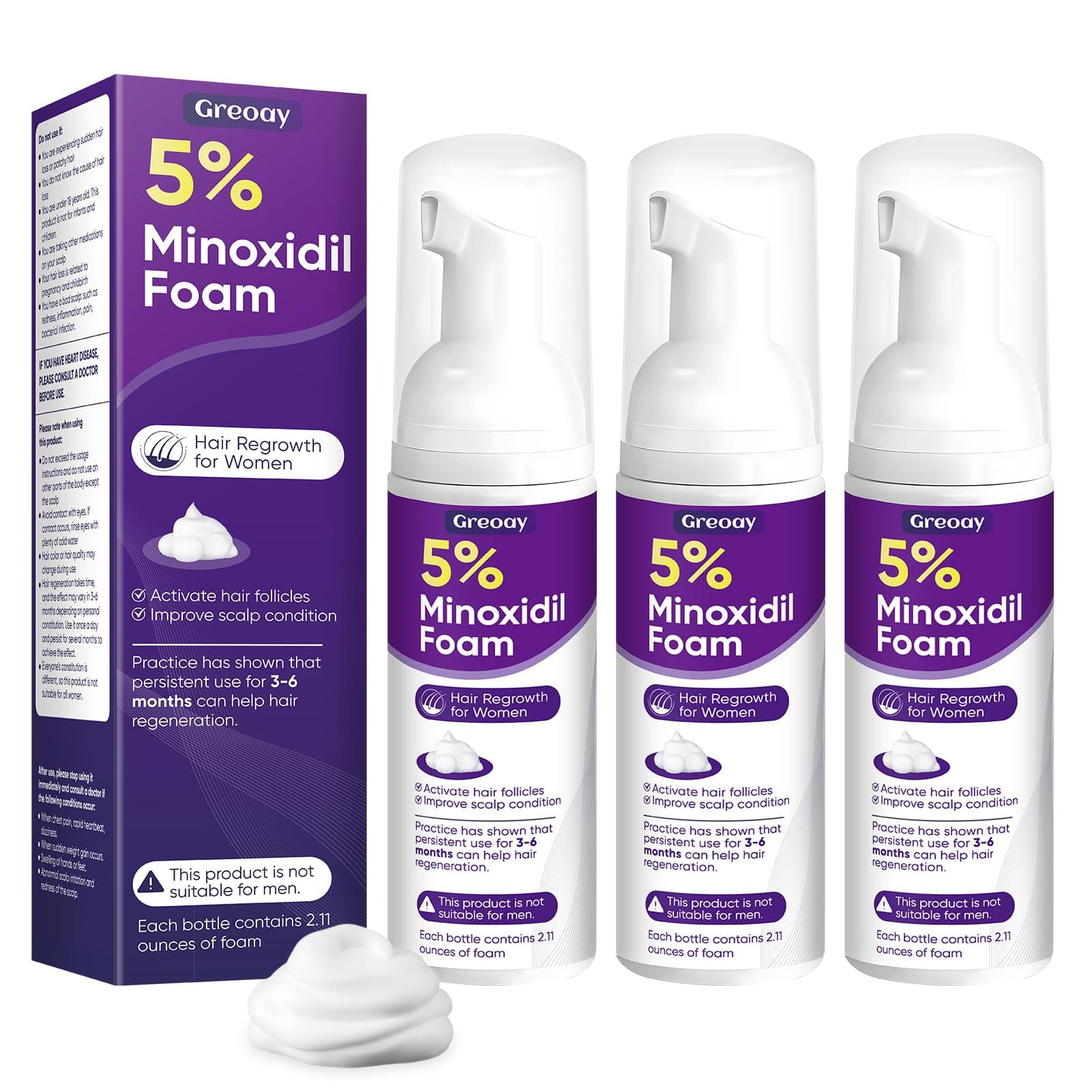 5% Minoxidil Foam for Women Hair Growth Foam Suitable for Hair Thinning Receding Hairline and Hair Loss to Hair Regrowth Get Thicker Fuller Hair 3 Bottles 2.11 Ounces Each