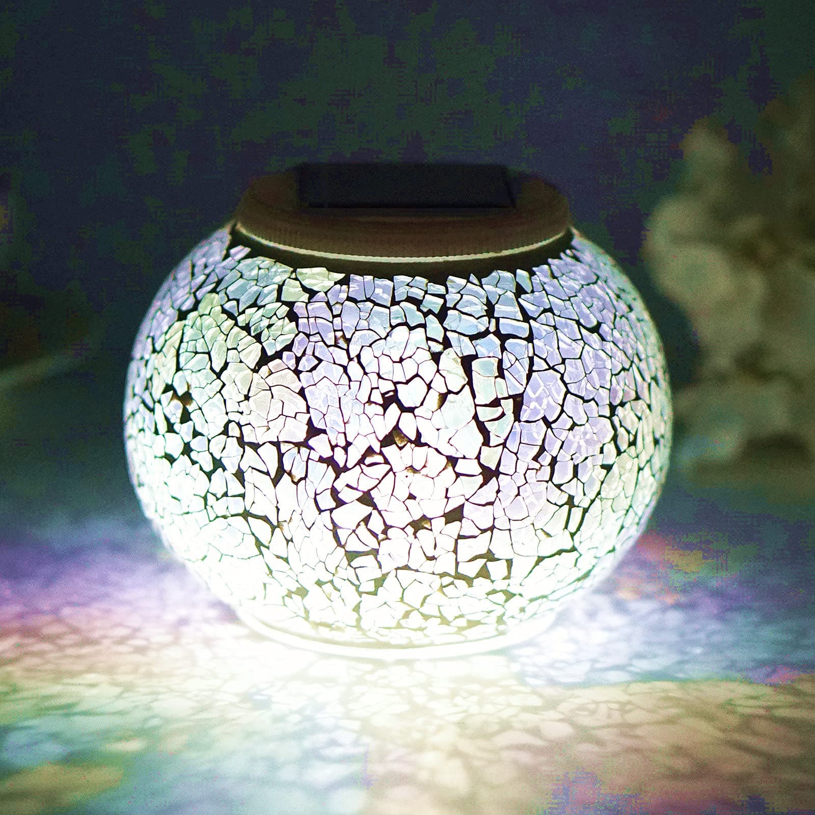 Solar Powered Color Changing Mosaic Crackle Glass Table Lamp - Waterproof LED Night Light for Bedroom, Yard, Patio, Halloween, Christmas Decorations (Crackle Glass, White)