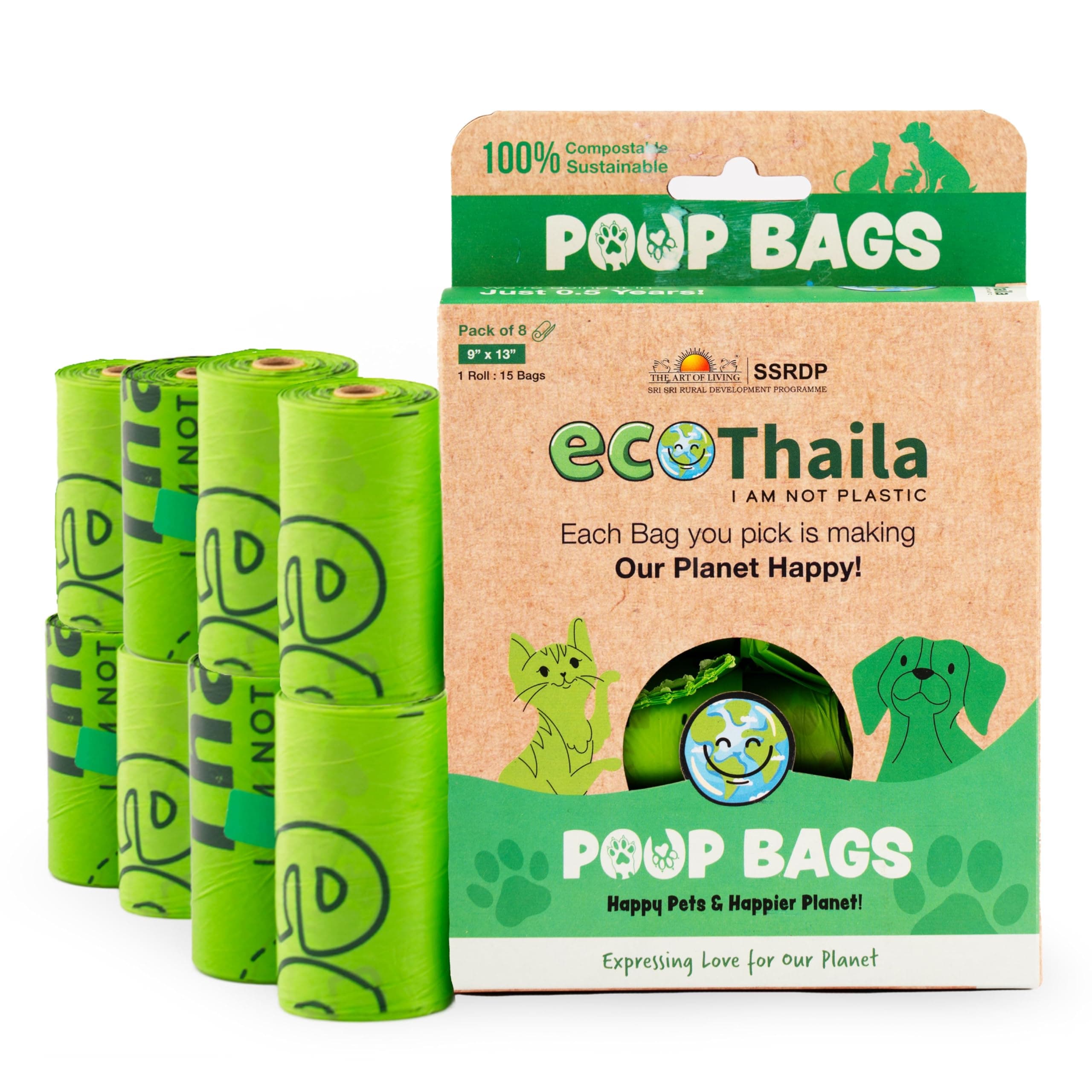 Compostable Poop Bags for Dogs & Cats | Pack of 8 (120 bags) | Biodegradable & Eco-Friendly | Waste/Litter Poop Bag | Strong & Leak-Proof Potty Picker | Green Colour - 9 x 13 Inches