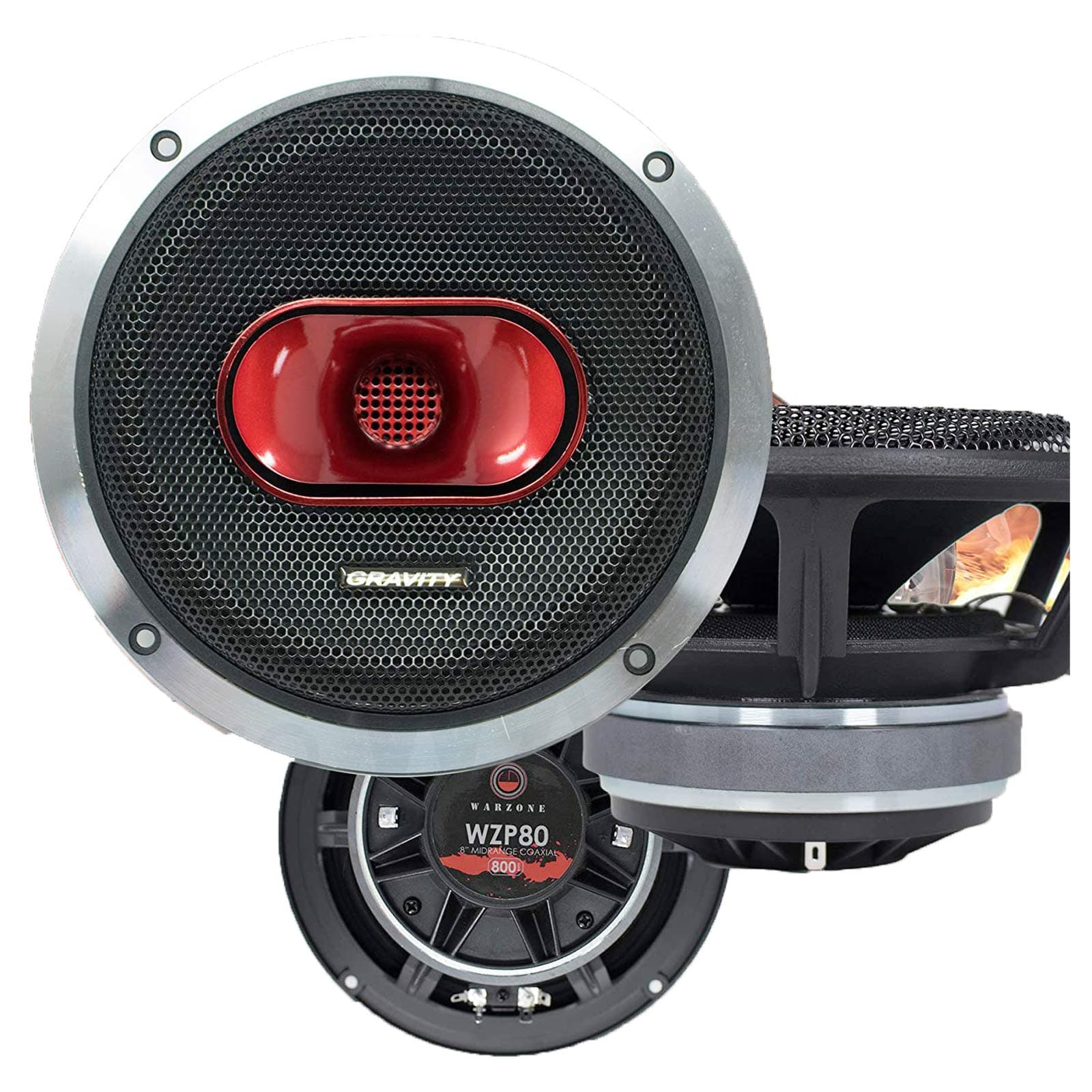 Warzone Series 8" PRO Midrange Coaxial Car Speaker, 800W Max, 4 Ohm, 95dB Sensitivity, 80Hz-22kHz Frequency Response, Corrugated Surround, Oversize Magnet Motor Structure