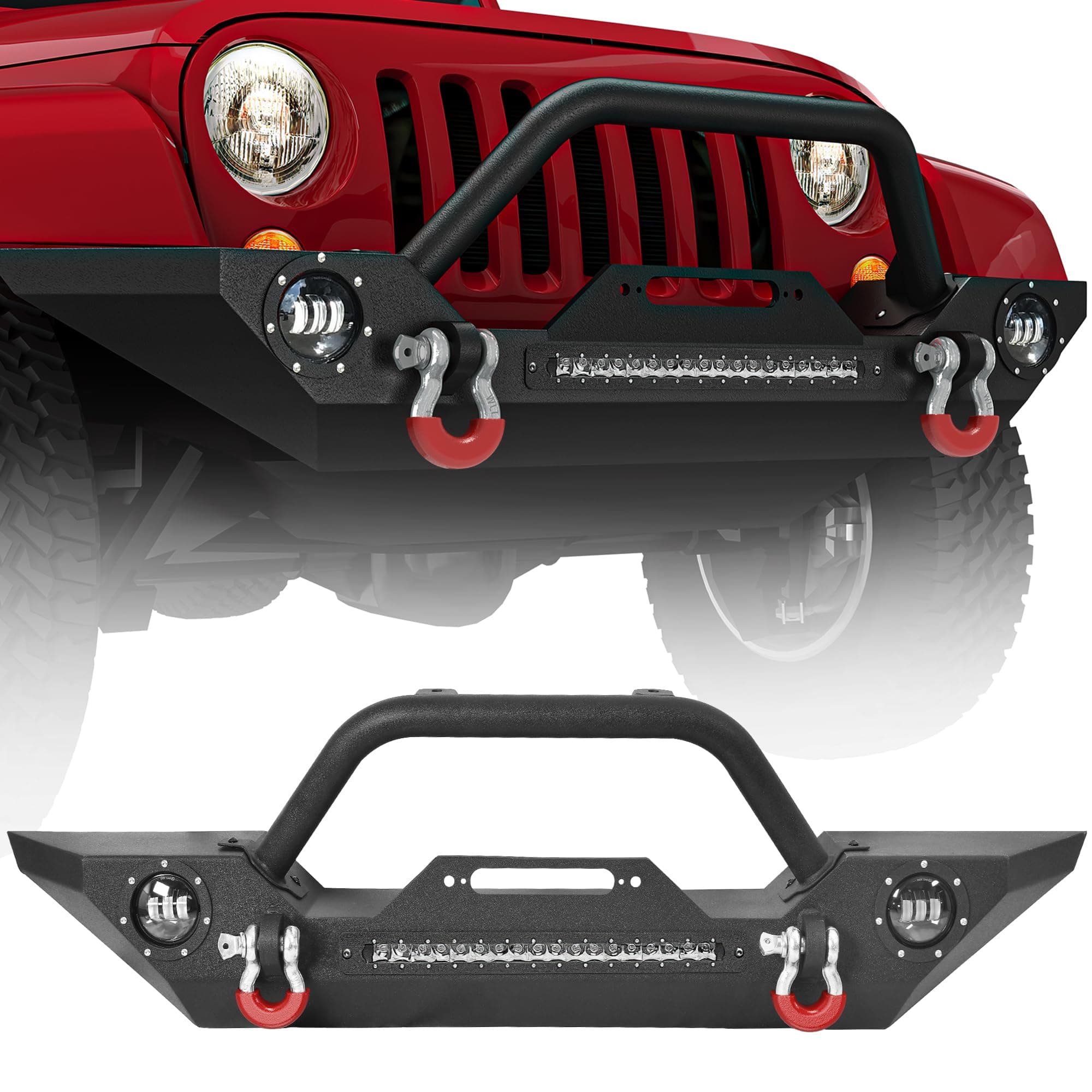 LEDKINGDOMUS Rock Crawler Front Bumper Compatible with 07-18 Jeep Wrangler JK and JK Unlimited, Built-in 90W LED Light Bar w/ 2x 60W Fog Light, Wiring Harness, Winch Plate and D-rings Textured Black