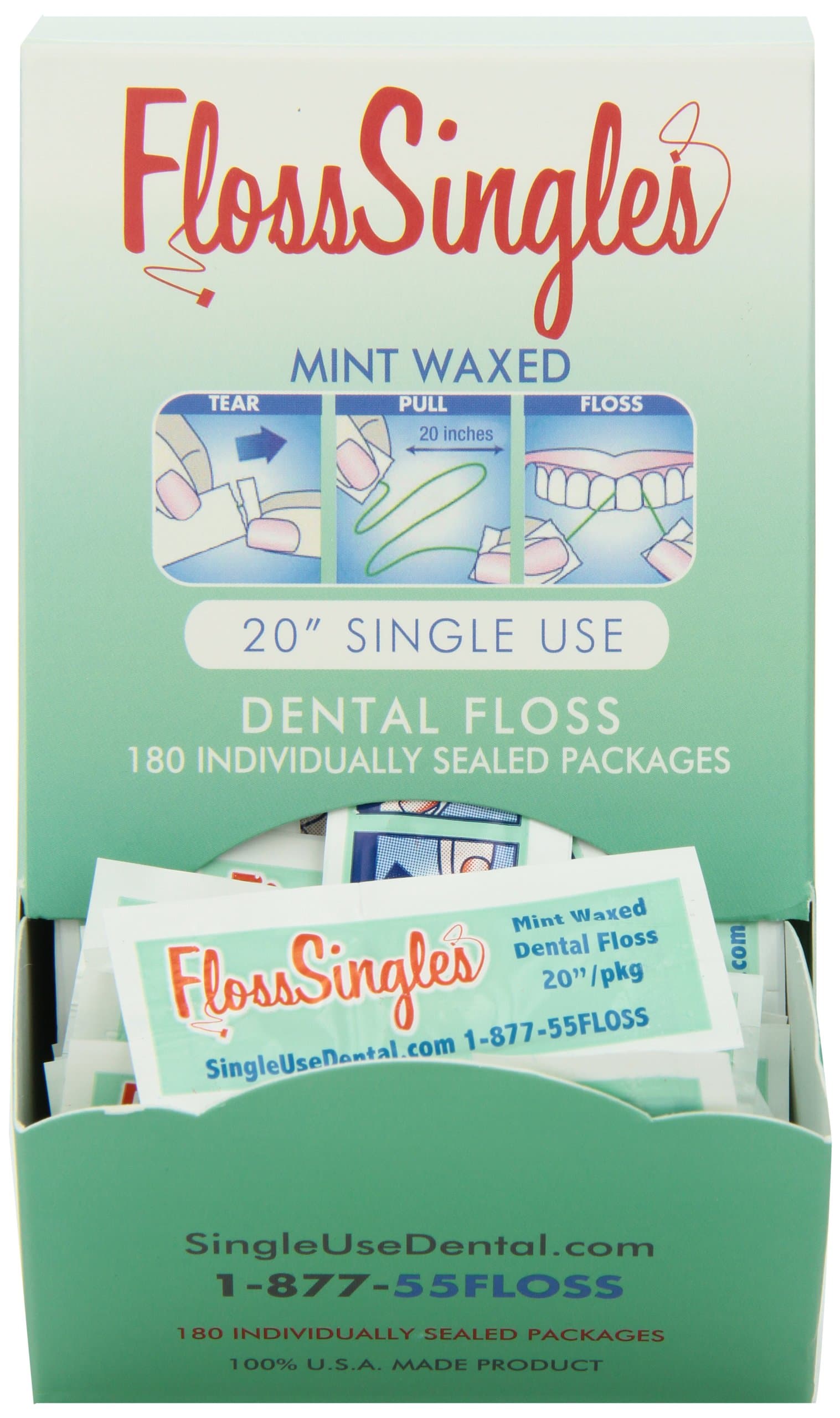 Floss Singles Dental Floss Dispenser Box, Light Green, Mint, 20" Strands, 180 Count