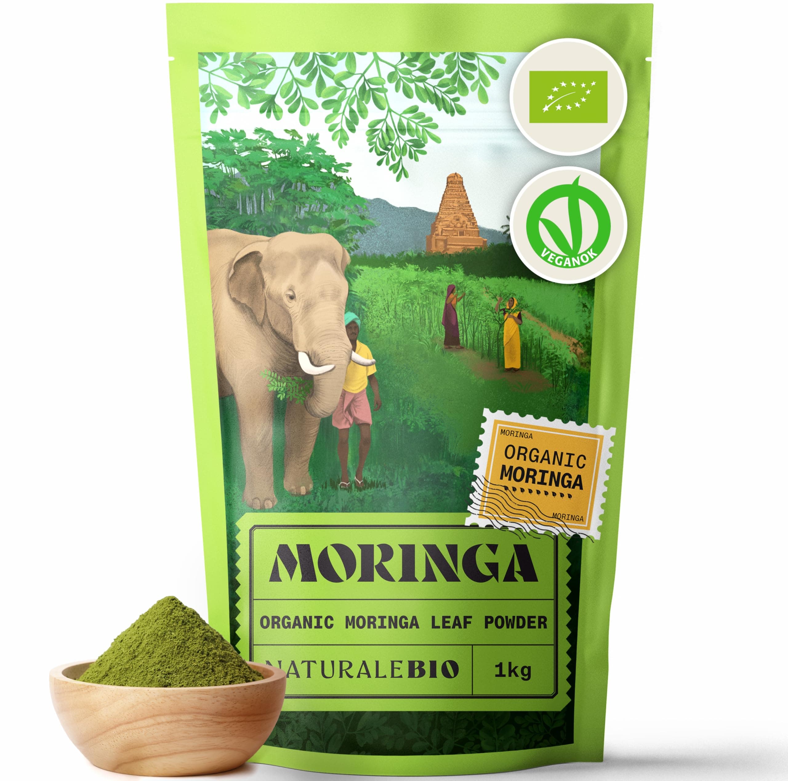 NaturaleBio Organic Moringa Powder - Premium Quality - 1kg. Bio, Natural and Pure. Leaves Picked from The Moringa Oleifera Plant for Tiredness, Immune System, Muscle Function, Fatigue
