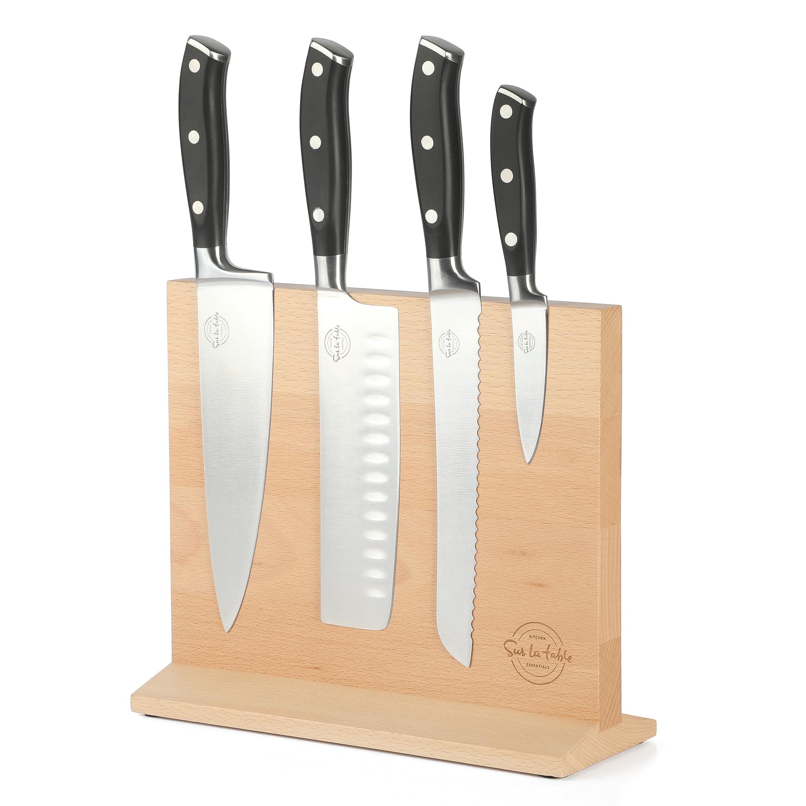 Sur La TableKitchen Essentials 5 Piece German Steel Blade w/Triple Riveted Handle Set on Beechwood Magnetic Block - Black