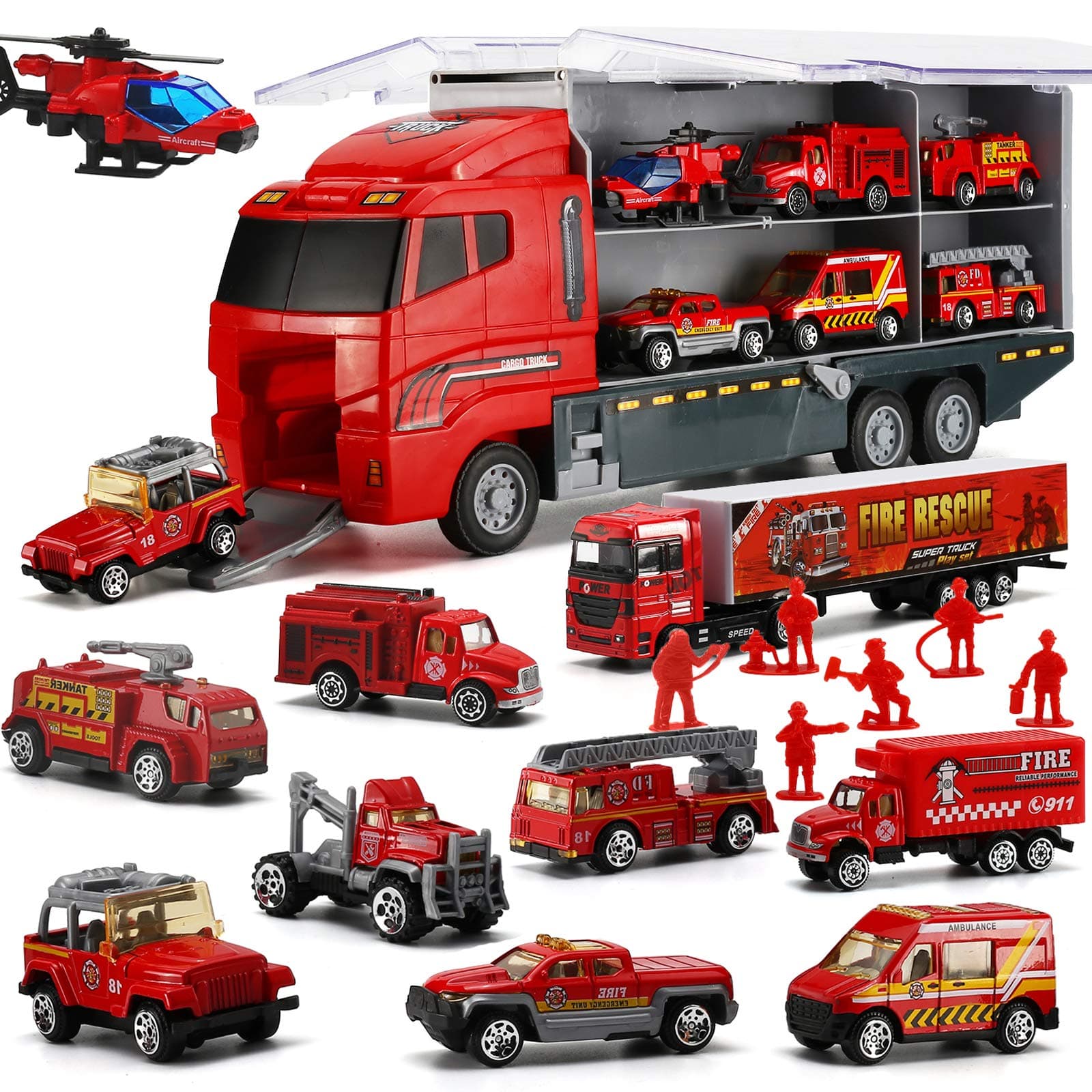 19 Pcs Fire Truck with Firefighter Toy Set