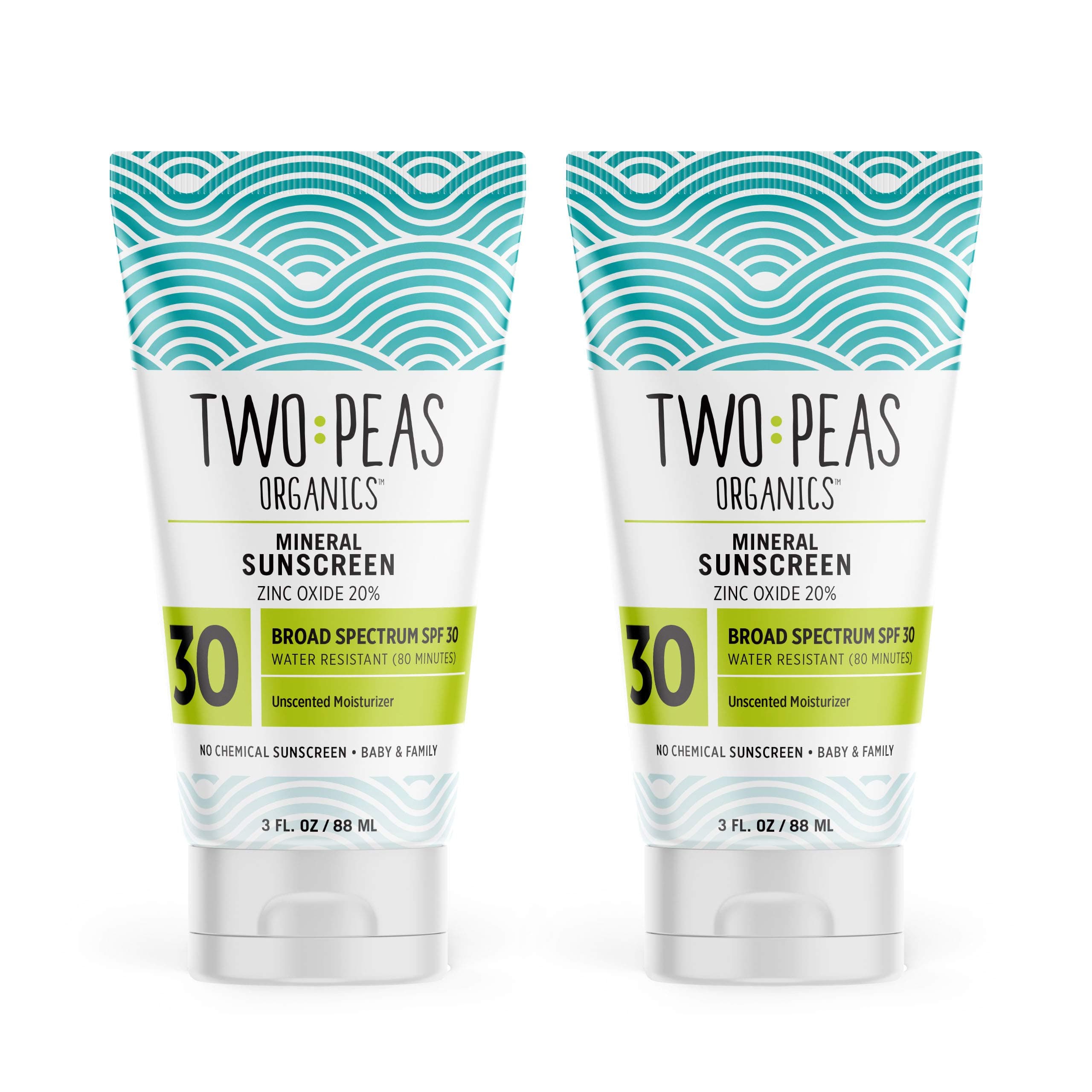 Two Peas Organics Mineral Sunscreen SPF 30 Lotion, Non-Nano Zinc, Reef Safe, Baby & Family Sensitive Skin, Water-Resistant 80 Min, Unscented, Organic & Cruelty Free, 3 oz Twin Pack