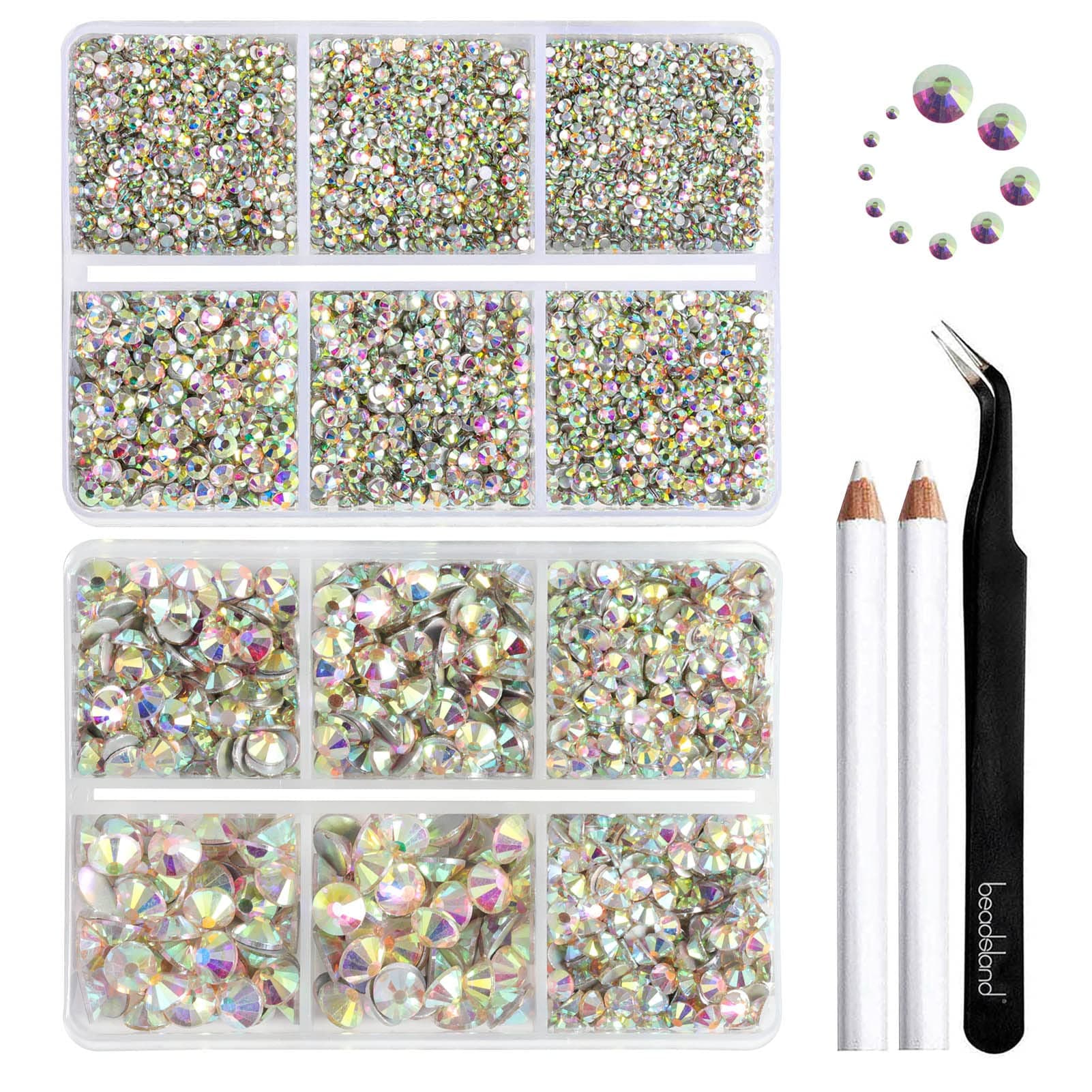 Beadsland 8300PCS Flatback Rhinestones, AB Crystal Rhinestone Nail Gems Round Crystal Rhinestones for Crafts, Mixed 10 Sizes with Wax Pencil and Tweezer Kit, SS3-SS30, Crystal AB