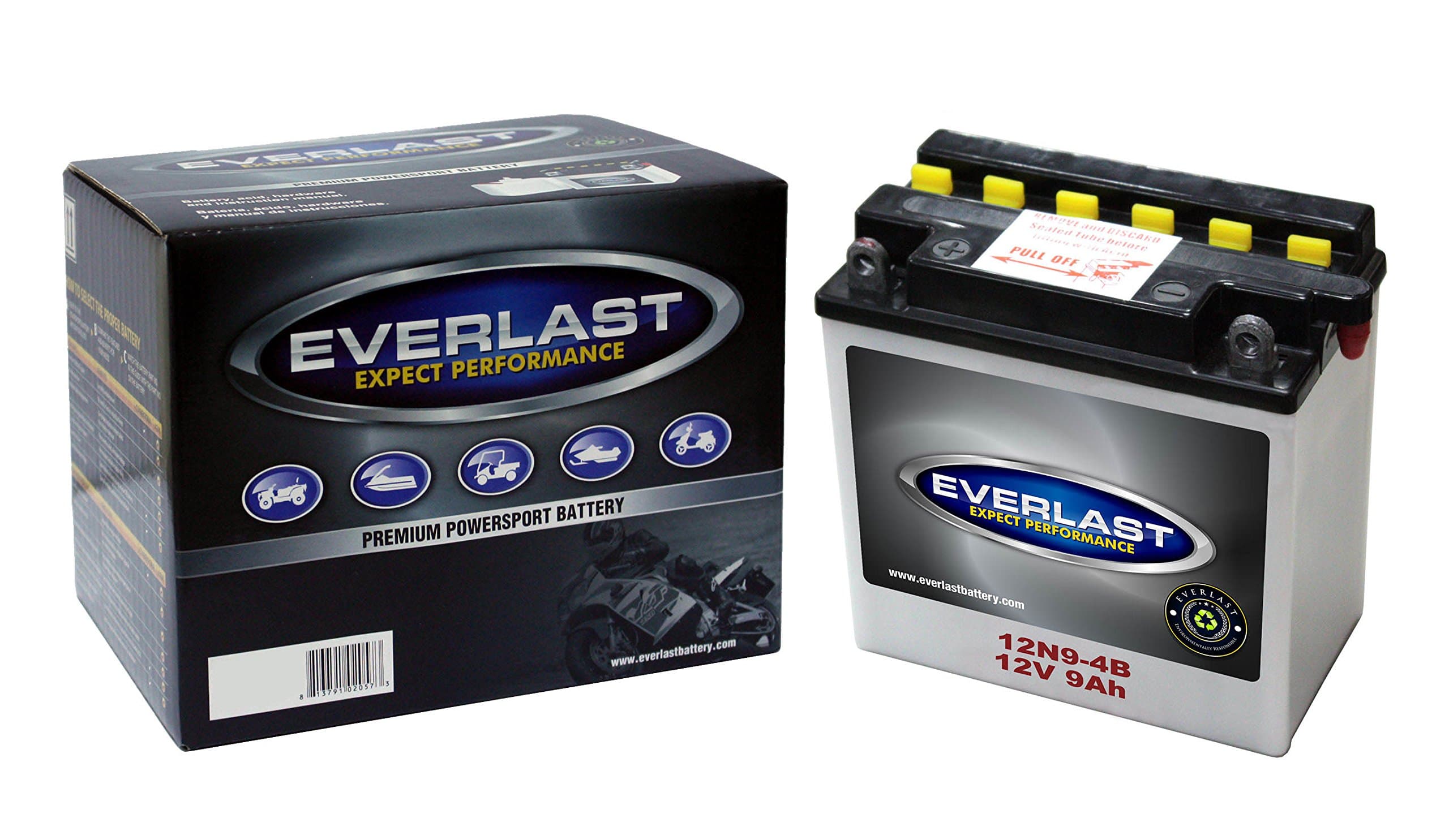 EverLast Battery - 12N9-4B-1-12 Volt, Conventional Battery with Acid Pack -5 3/8 L X 3 W X5 7/16 H