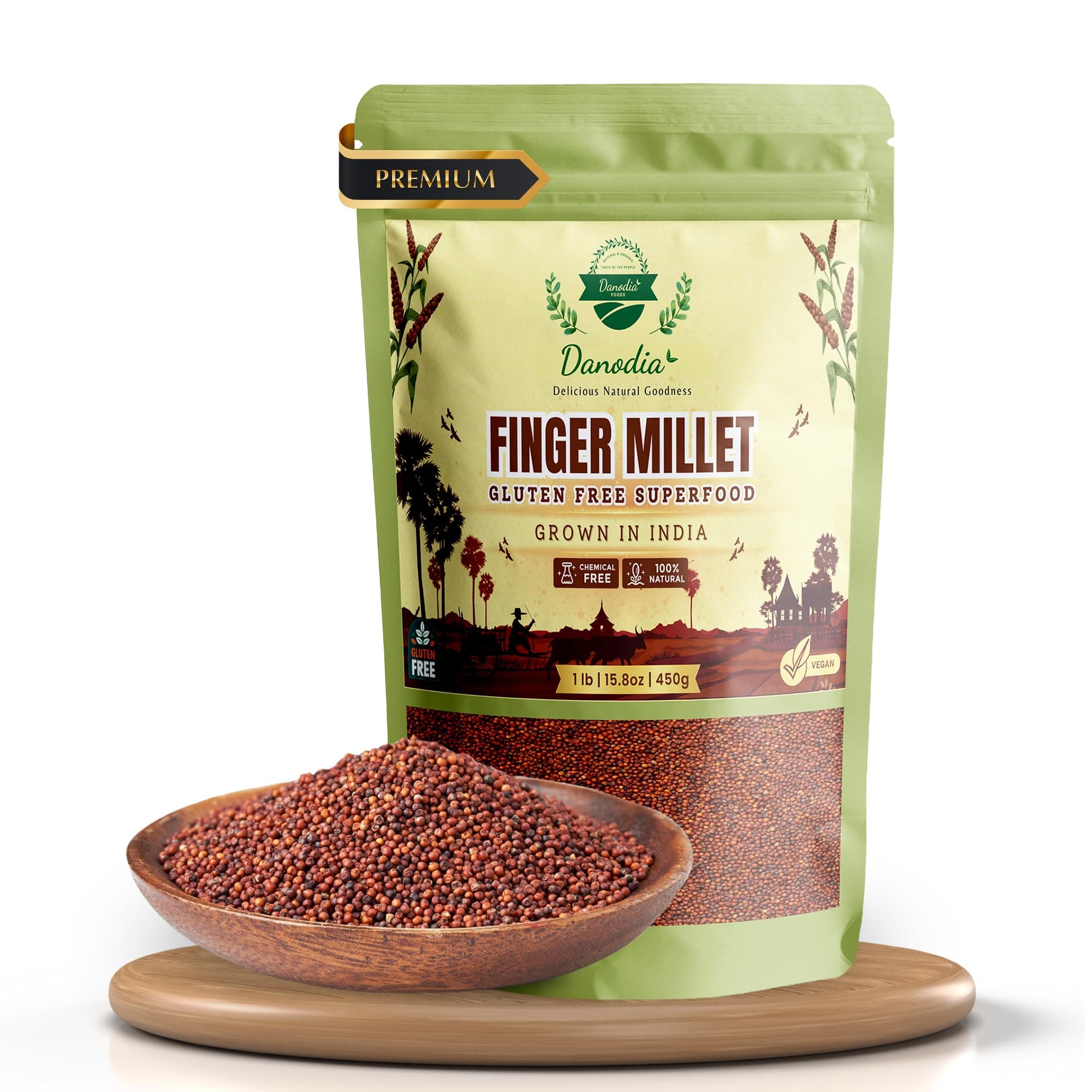 Danodia Foods Organic Finger Millet/Ragi/Kelvaragu (1lb / 450g / 16oz) | Super High Calcium, Gluten-Free Unpolished Red Millet, Hulled, Whole Grain Superfood