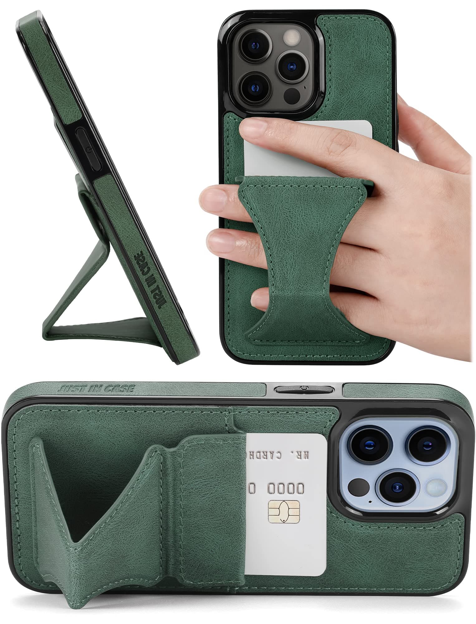 JUST in CASE - Wallet Leather Case with Stand - Vertical and Horizontal Stand | Credit Card Holder | Finger Strap - (for iPhone 13, Green)