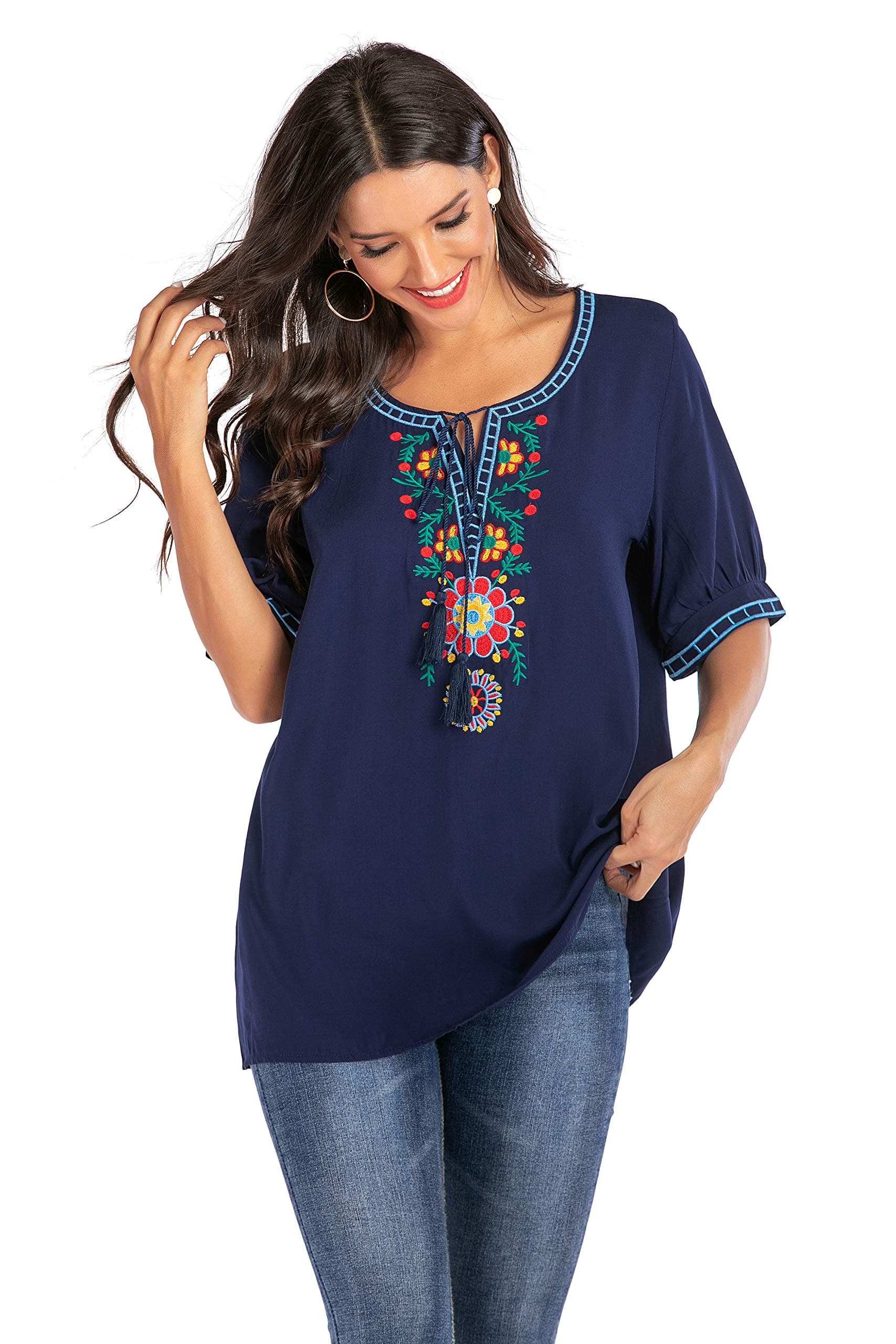 Women's Summer Boho Embroidered Mexican Bohemian Tops Tassel Short Sleeve Casual Blouse