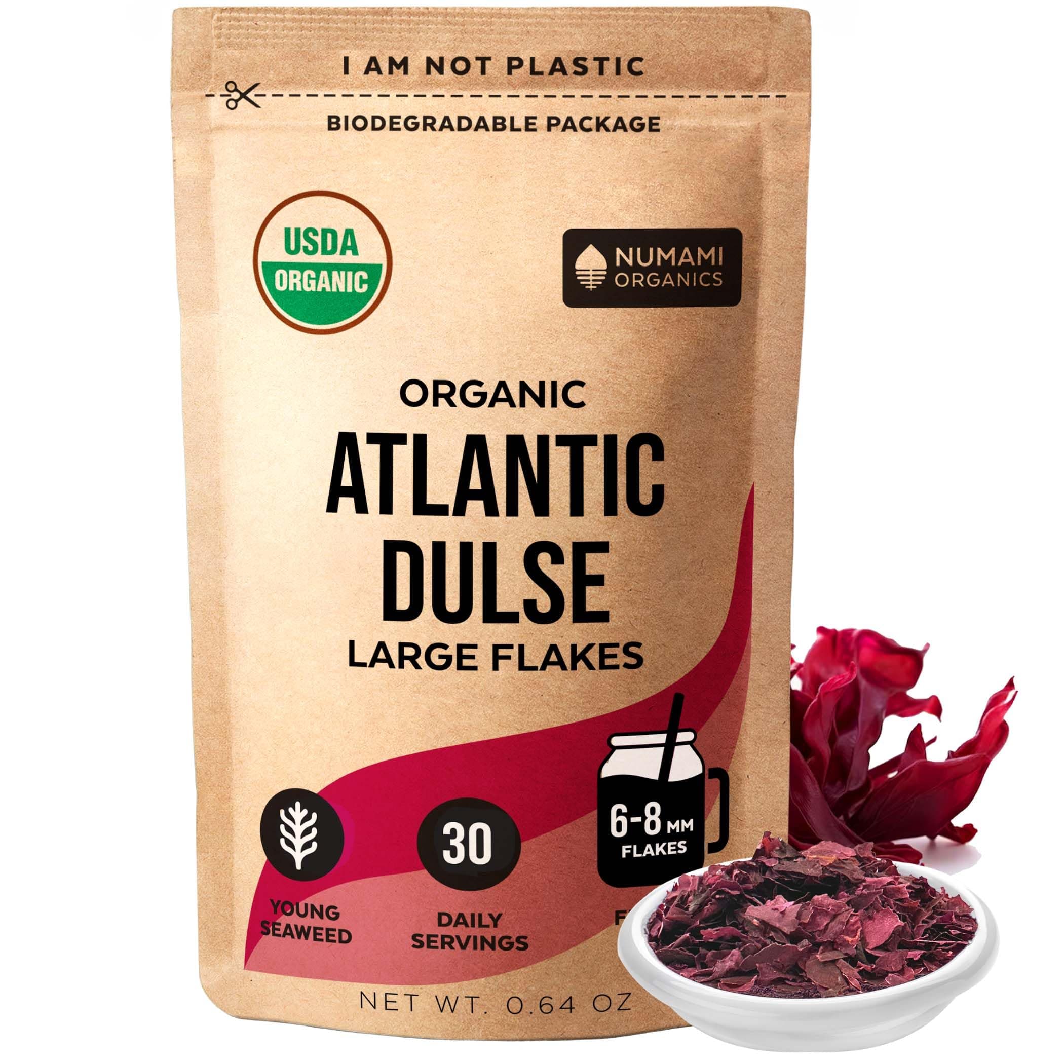 Organic Atlantic Dulse Flakes - Young Baby Seaweed Grown in North Atlantic, Vacuum Dried Premium Quality. Soft Texture & Mild Taste. Add 1 tsp to your dish for daily vitamins/minerals. 30 Servings