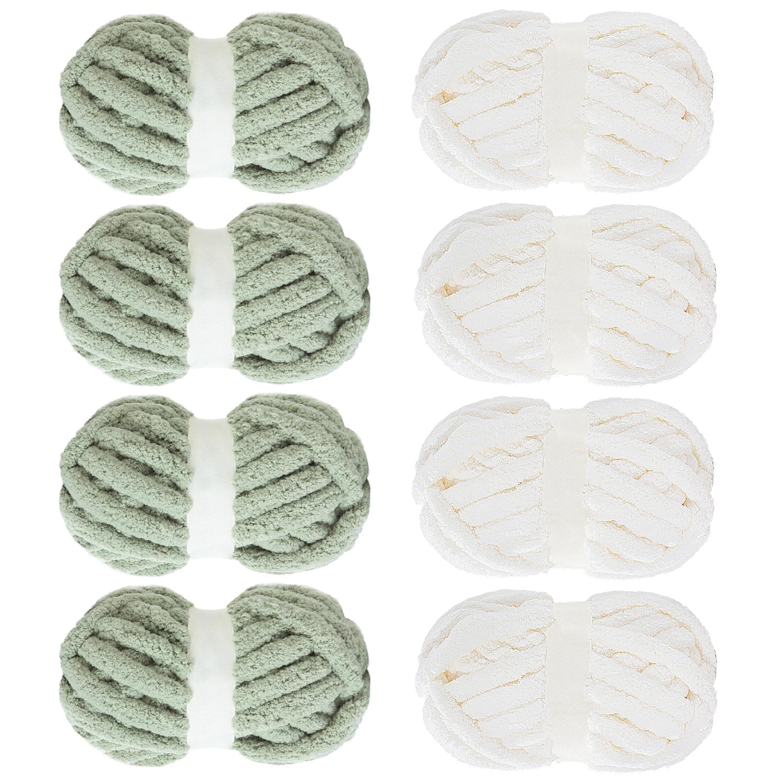 Mabozoo Assorted Chunky Yarn for Crocheting 8 Pack: Fluffy Chenille, Soft Plush, Giant Thick Fuzzy Yarn. 4 White & 4 Sage Green (31.7 yds, 8 oz Each Skein)