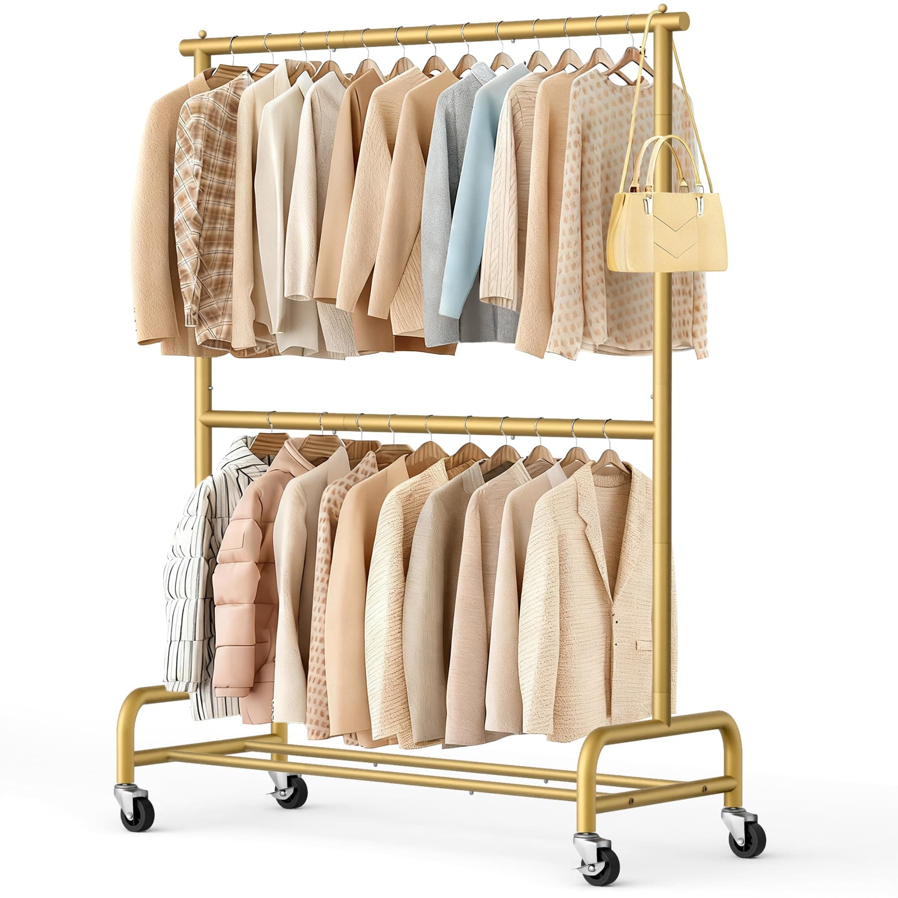 SLEEPING LAMB Double Rod Heavy Duty Clothes Racks for Hanging Clothes Rack, Metal Rolling Garment Rack With Wheels Clothes Hanger Rack Wardrobe Rack for Coats, Shirts (Gold)