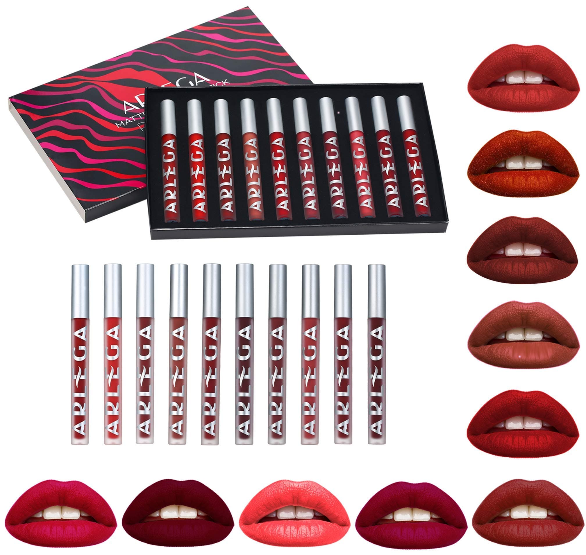 10pcs Matte Liquid Lipstick Set, 0.07 oz Full Size Velvety Smooth Full Pigmented and Long Lasting Waterproof Lipgloss for Daily and Party Makeup, Gift for Women (Large, 2g) (chocolate)