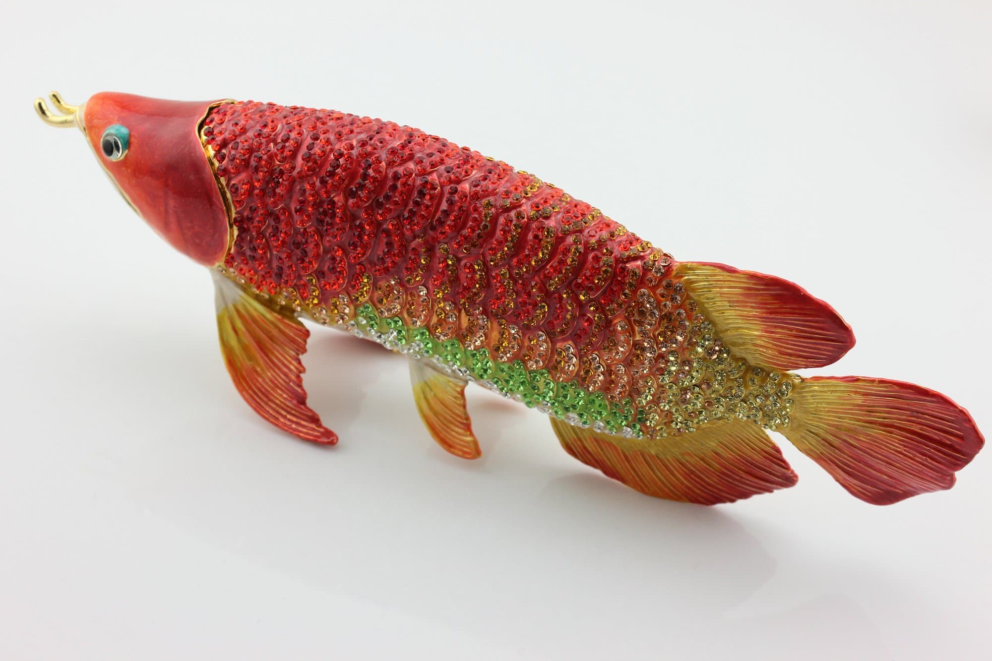 9.7‘’ Full Diamond Forturn Trinket Box Ocean Series Arowana Metal Jewelry Box Bejeweled Arowana Fish Statue
