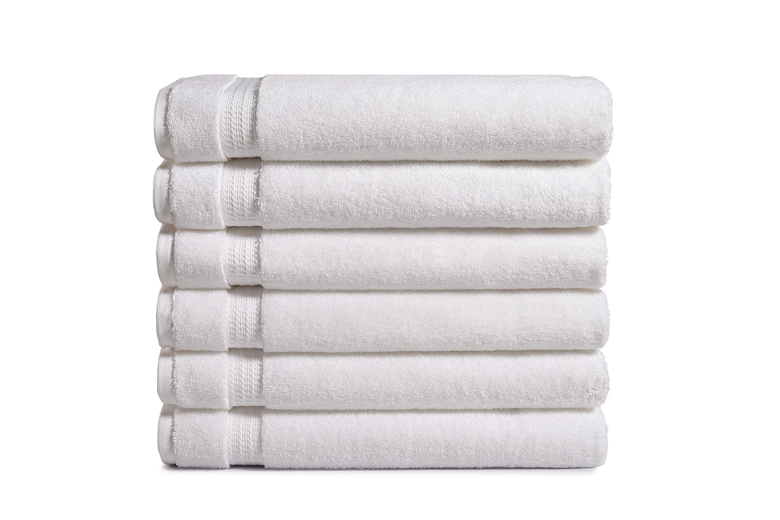 AmazonCommercial Cotton Bath Towel Set, Pack of 6, 650 GSM, White, 54" x 27"