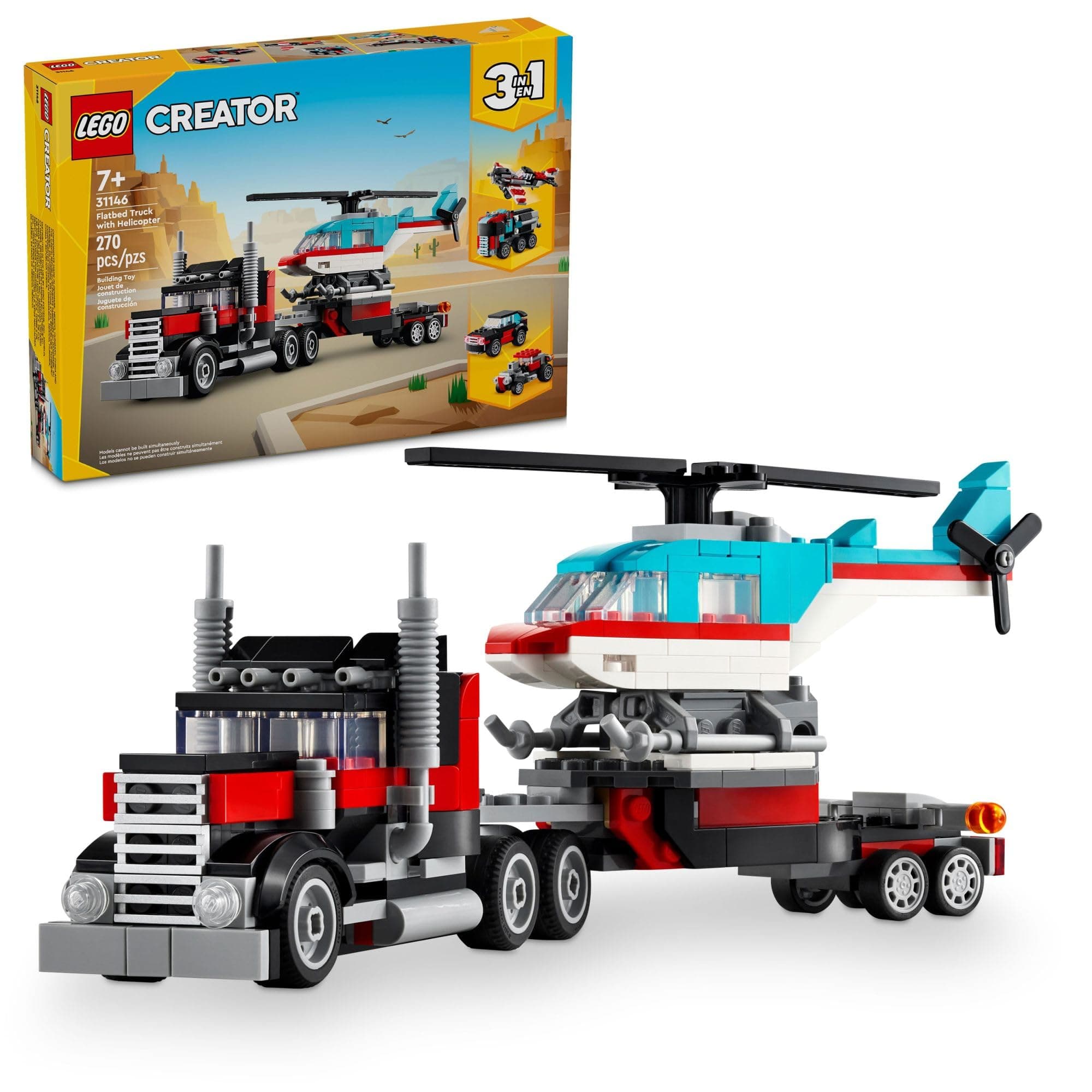 Creator 3 in 1 Flatbed Truck with Helicopter Toy, Transforms from Flatbed Truck Toy to Propeller Plane to Hot Rod and SUV Car Toys, Gift Idea for Boys and Girls Ages 7 Years Old and Up, 31146