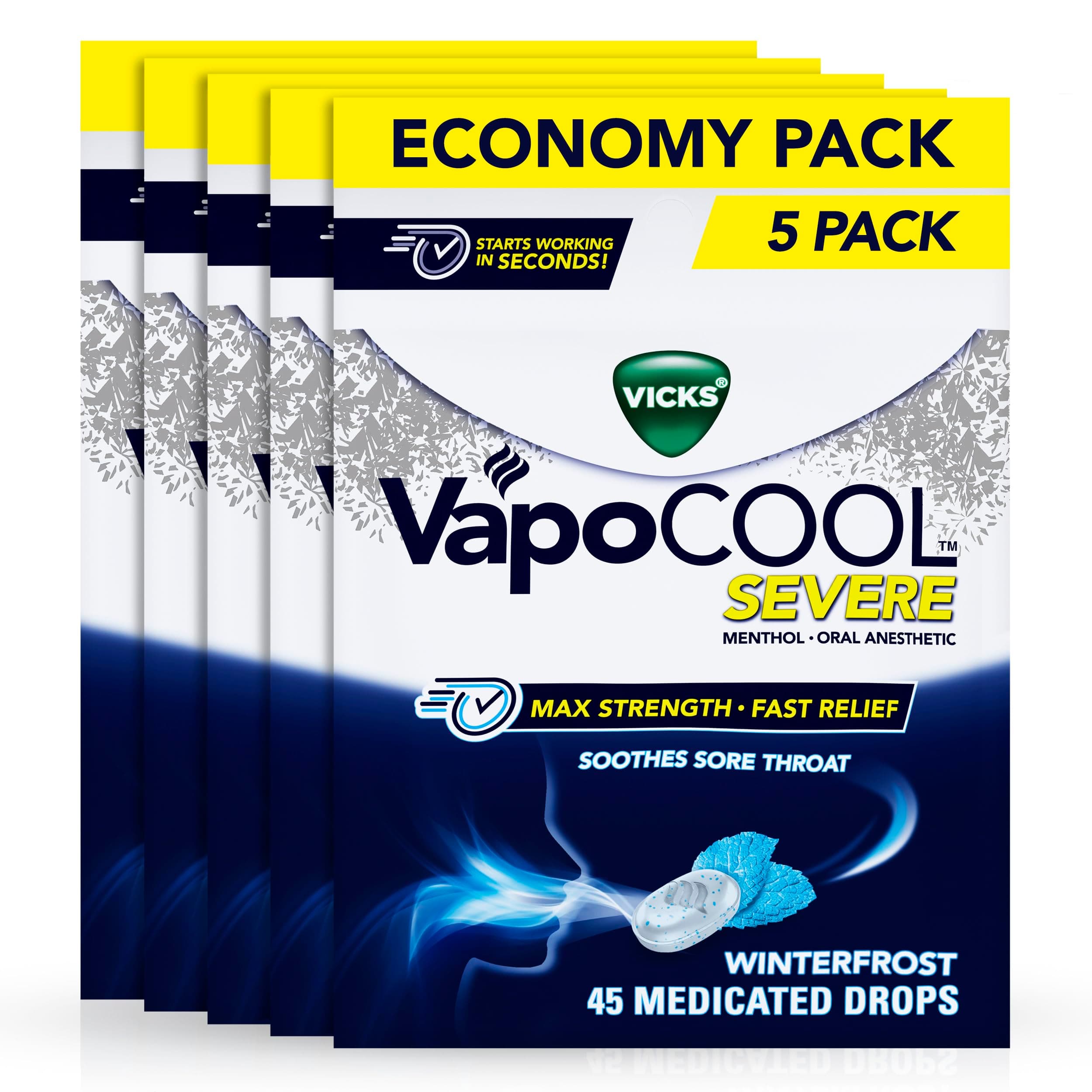 Vicks VapoCool Severe Sore Throat Drops, Max Strength Menthol, Winterfrost Flavor, 225 Count (5 Packs of 45)