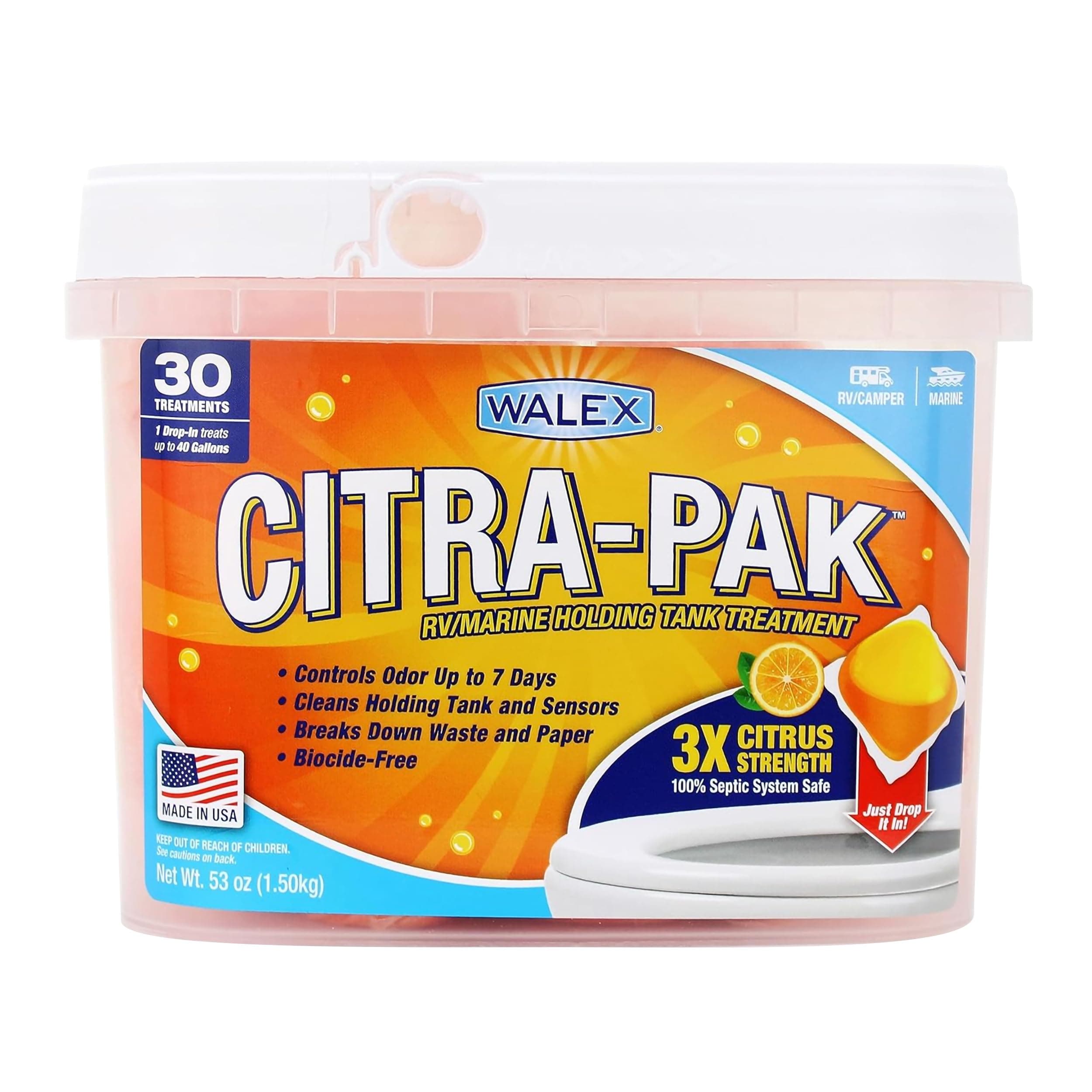Citra-Pak RV/Marine Holding Tank Deodorizer Drop-Ins - Waste Breakdown & Odor Control, Cleans Holding Tank & Sensors, Biocide-Free, Treatment for RVs, Boats, & Portable Toilets - Citrus, 30 Pack