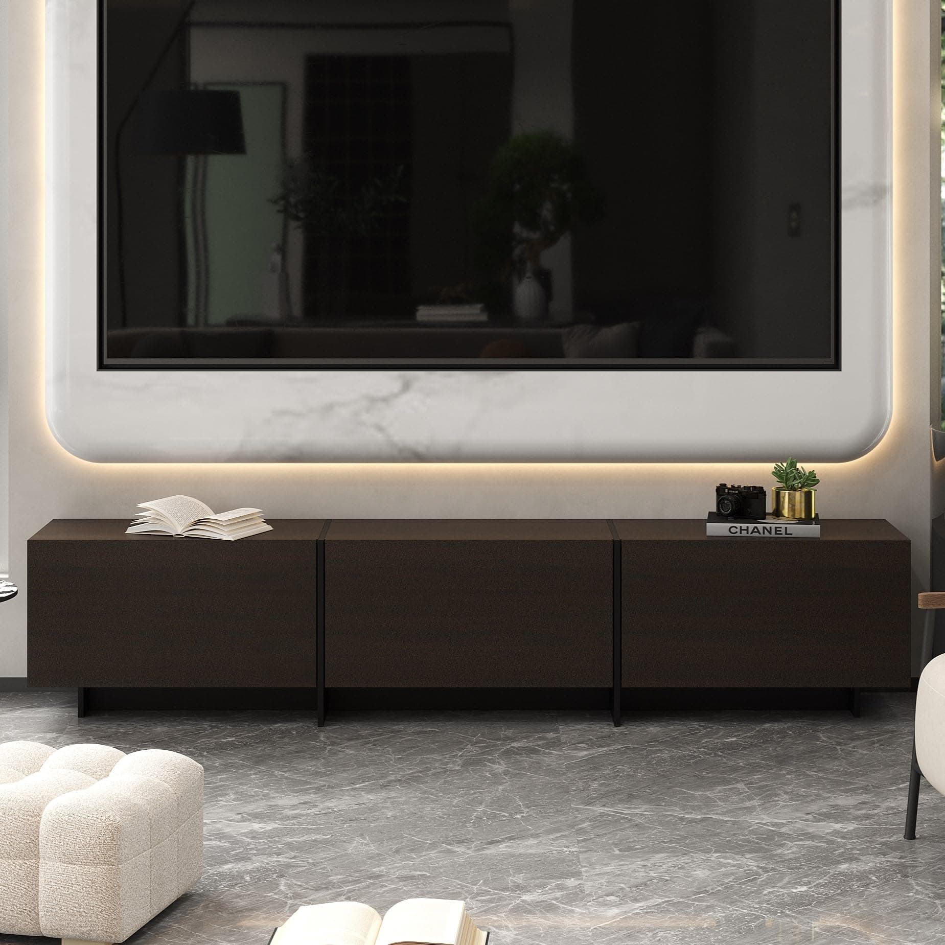 AIEGLE 71.7" W TV Stand with 3 Flip-Down Drawers, Modern Entertainment Center with Storage, Media Console Table TV Cabinet, Dark Brown