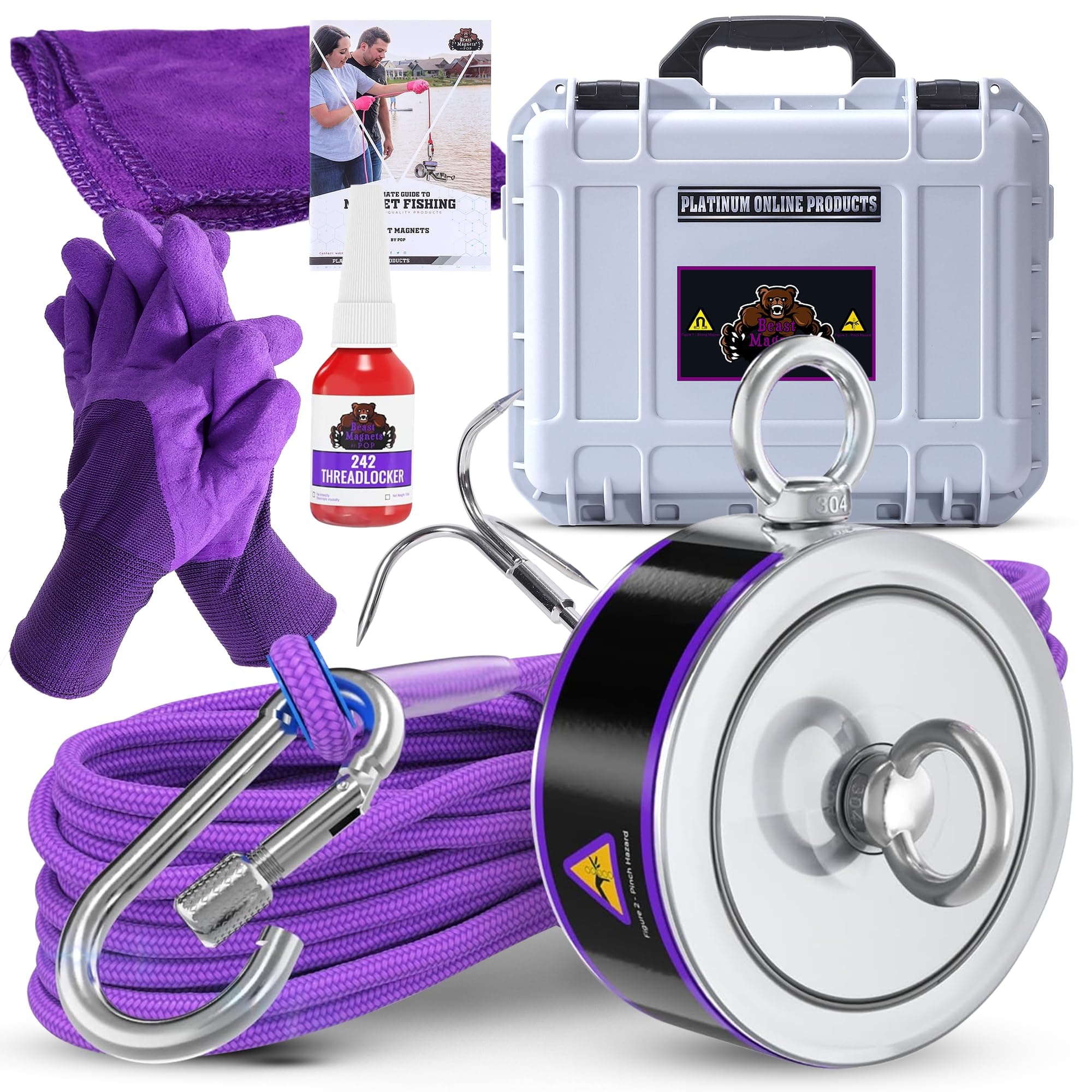 2600LB’s Complete Magnet Fishing Kit | Double Sided Neodymium N52 Magnet Kit with Case | Includes Durable 65ft Rope, Carabiner, Gloves, Grappling Hook & Carry Case