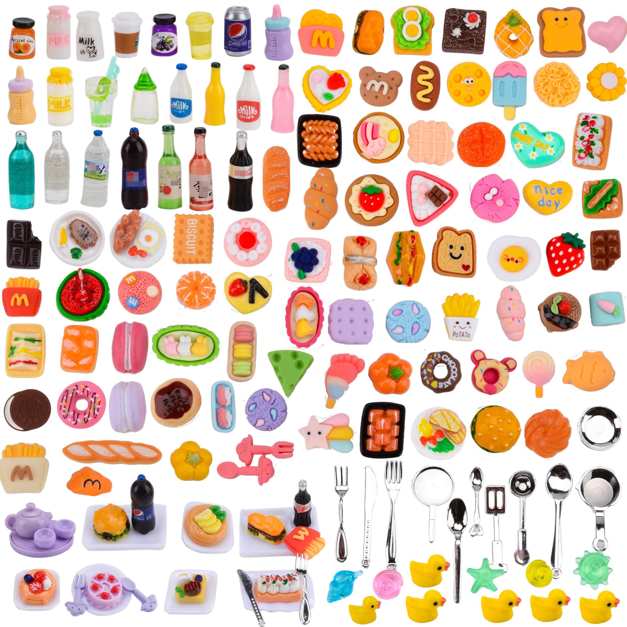 170 Pcs Miniature Food Mini Food Drinks Bottles Miniature Doll House Accessories Small Resin Doll Food Dollhouse Food Set for Pretend Play Kitchen