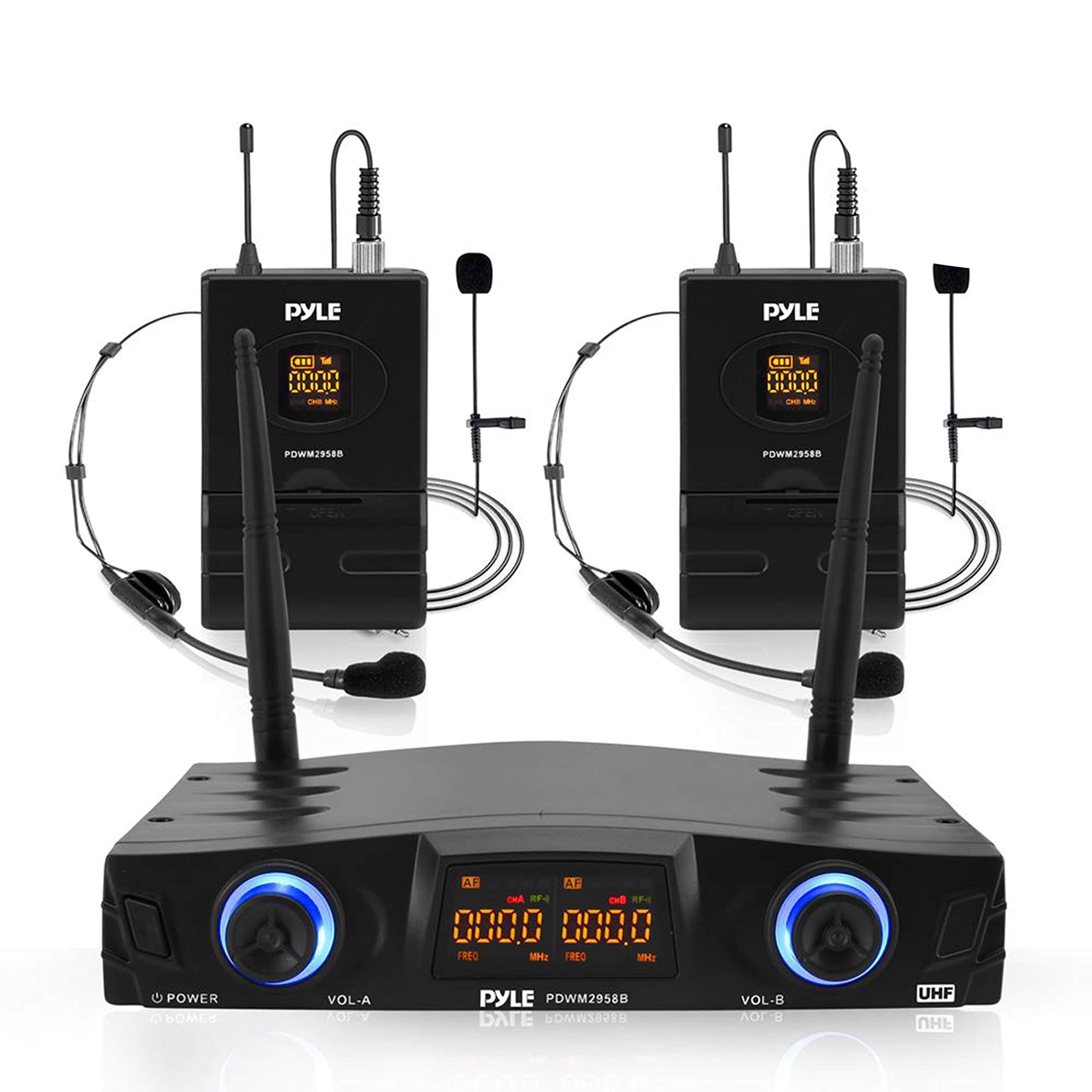 PyleCompact UHF Wireless Microphone System - Pro Portable Dual Channel Desktop Digital Mic Receiver Set w/ 2 Belt-Pack Transmitter, Receiver, 2 Headset, Lavalier Mics, XLR, For Home, PA - PDWM2958B