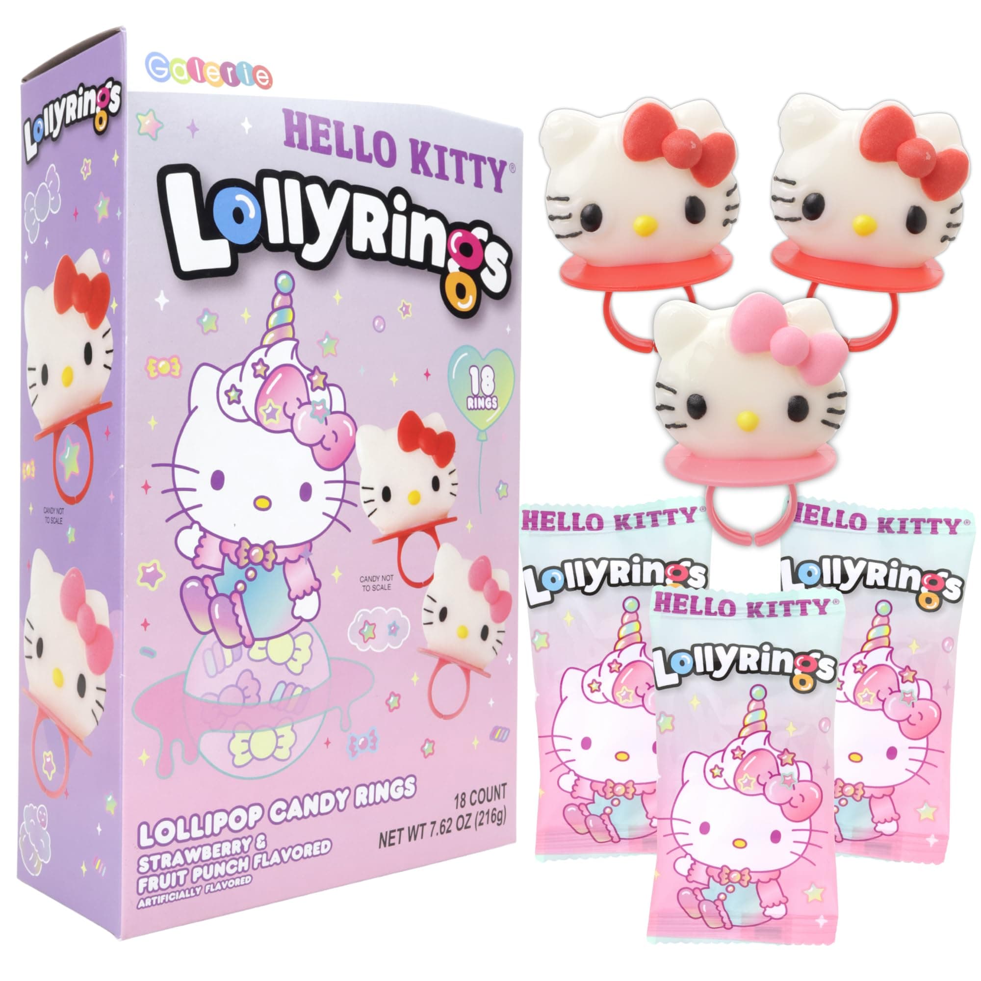 Hello Kitty Lollipop Candy Rings, Strawberry and Fruit Punch Flavored, Individually Wrapped Birthday Treat Favors, Box of 18