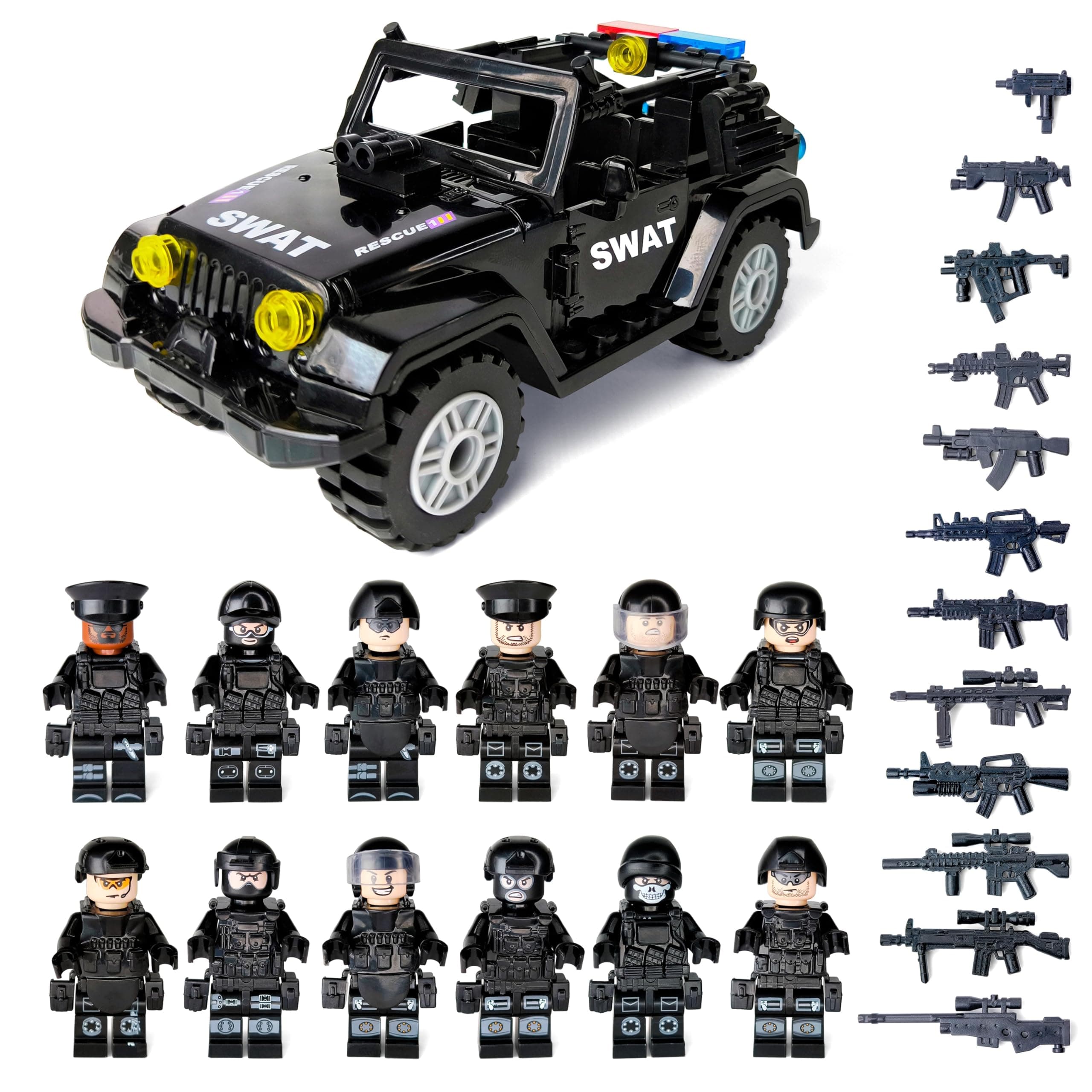 Toysvill SWAT Military Police Building Block Set | SUV + Soldiers Minifigures (12 PCS) with Weapons and Accessories Gift
