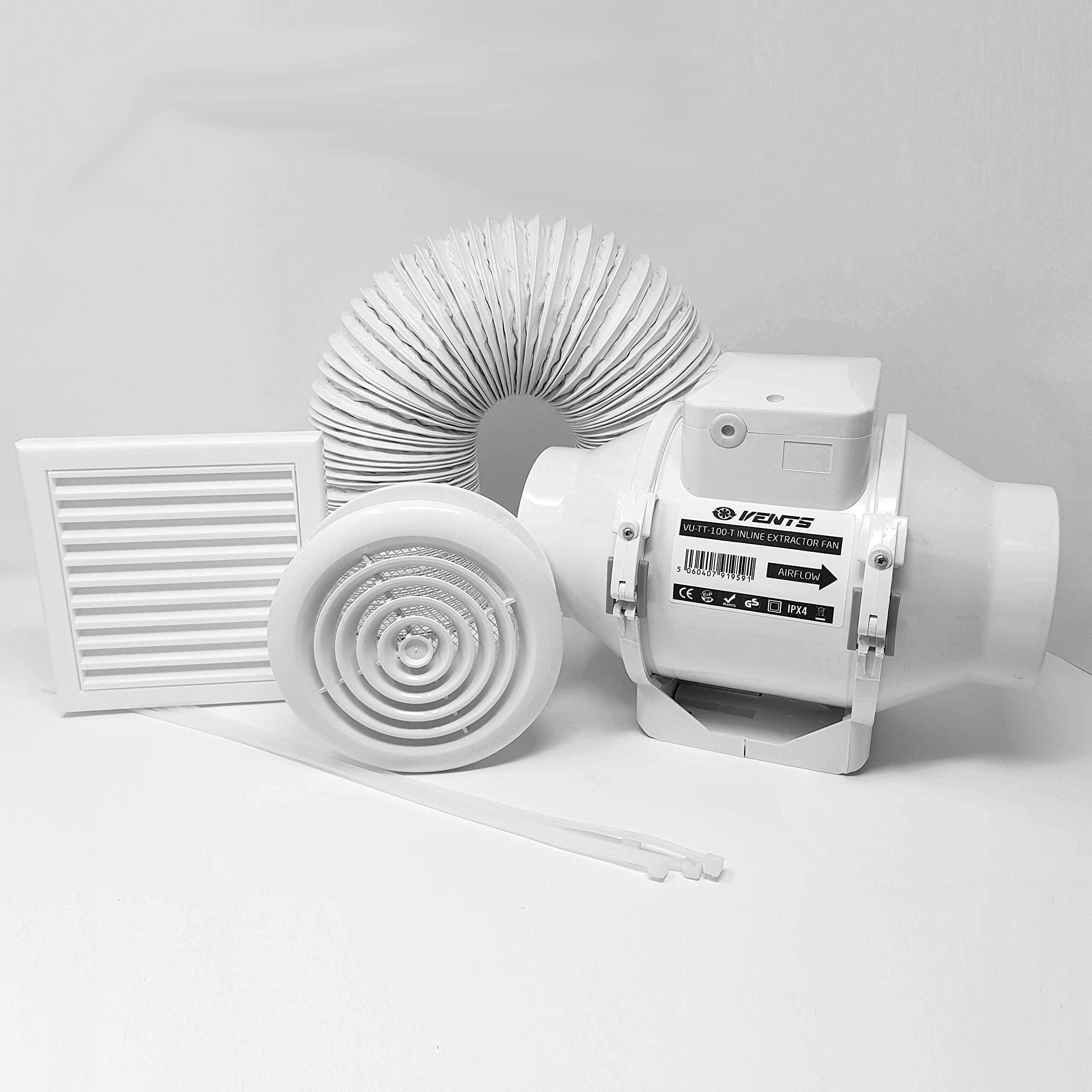 4 inch High Performance Inline Shower Fan Full Kit Compact Quiet Powerful Low Noise Bathroom Supply or Extract Air Damp Moist Condensation Control Toilet En-Suite High Pressure Kit 100mm Run on Timer