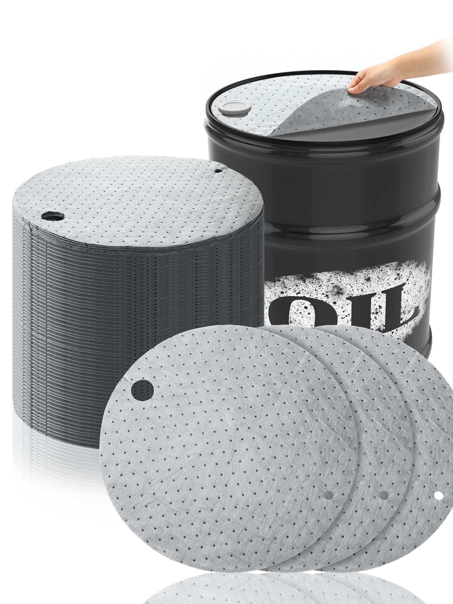 Frienda 25 Pcs Drum Top Absorbent Pads for 55 Gallon Drums Barrel Oil Absorbent Pads Mat 22 Inch Diameter Lid Oil Mat with Bungs 0.75 Inch Diameter and 2 Inch Diameter, Gray