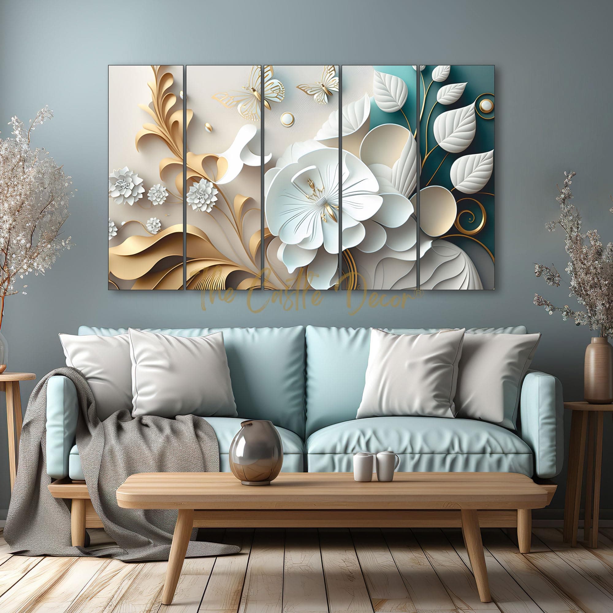 The Castle Decor-White Flower European Style painting with frame Big Size (27x48) Wall Art for living room,Bedroom,Drawing room,Hotels-Wooden Framed-Digital Painting