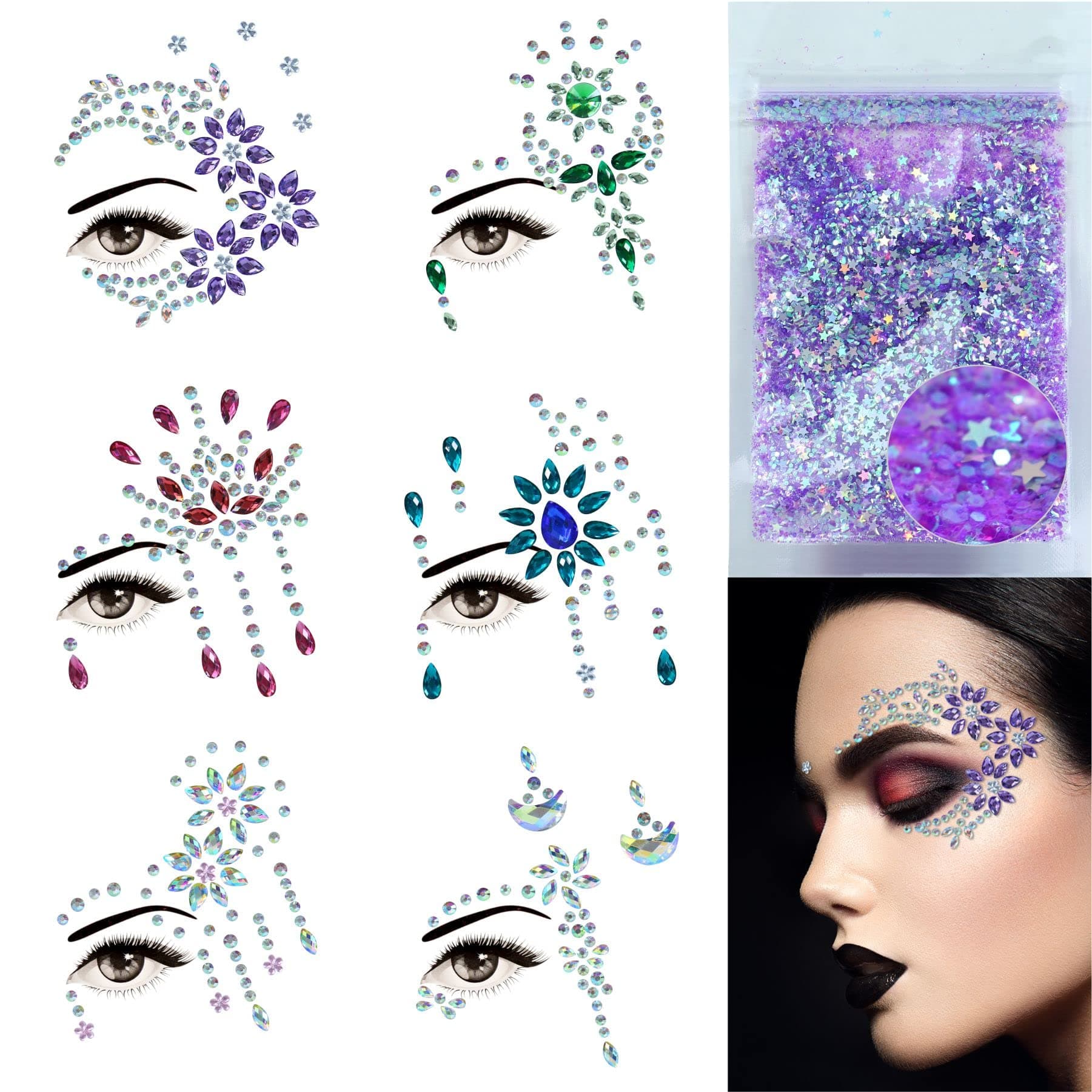 Face Jewels 6 Sheets Face Gems Stick On, 10g Chunky Glitter, Face Jewelry Rhinestones Crystals Stickers, Fairy Euphoria Eye Body Makeup Rave Clothes Festival Outfit Accessories