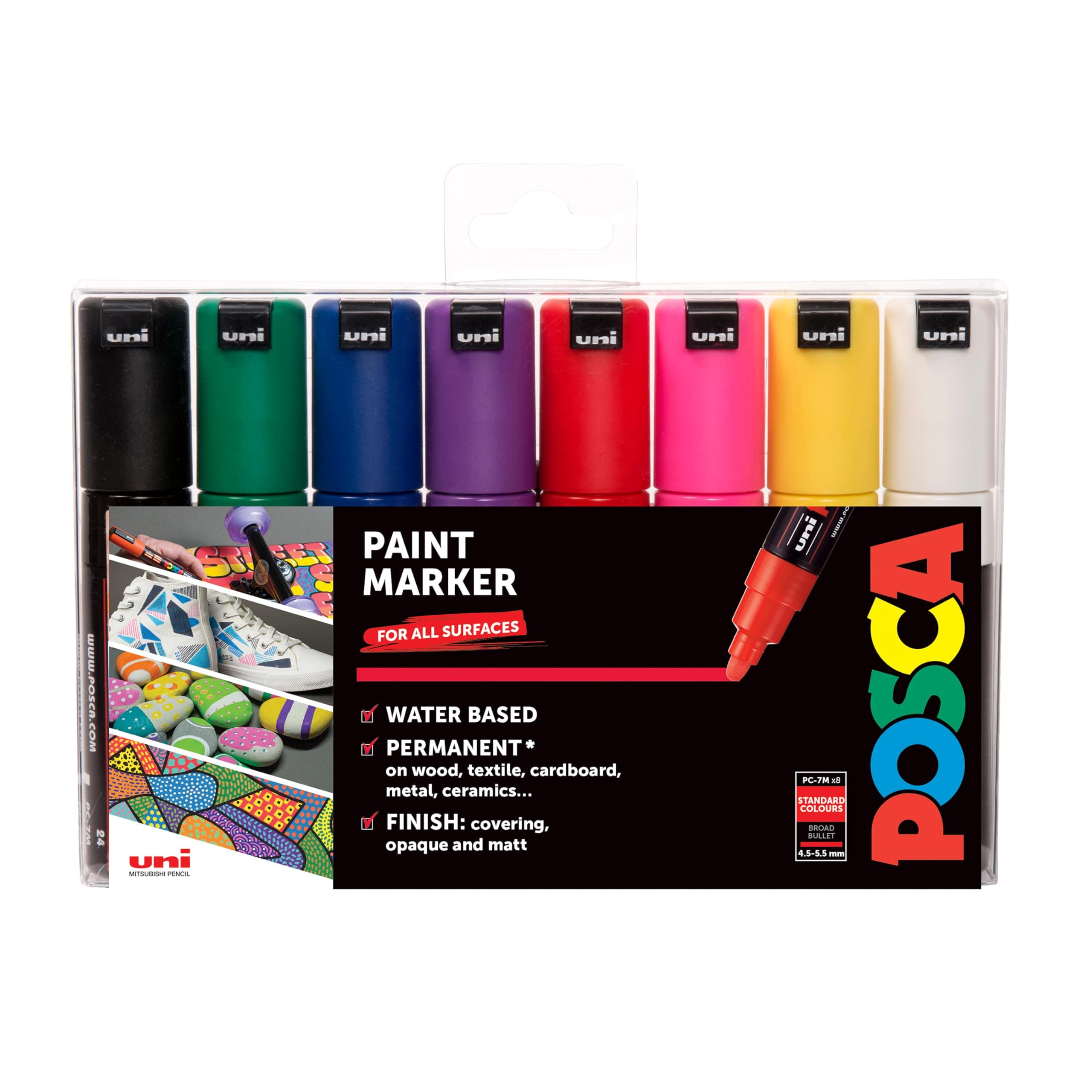 PC-7M Permanent Marker Paint Pens. Broad Bullet Tip for Art & Crafts. Multi Surface Use On Wood Metal Paper Canvas Cardboard Glass Fabric Ceramic Rock Pebble Stone Porcelain. Set of 8 Colours