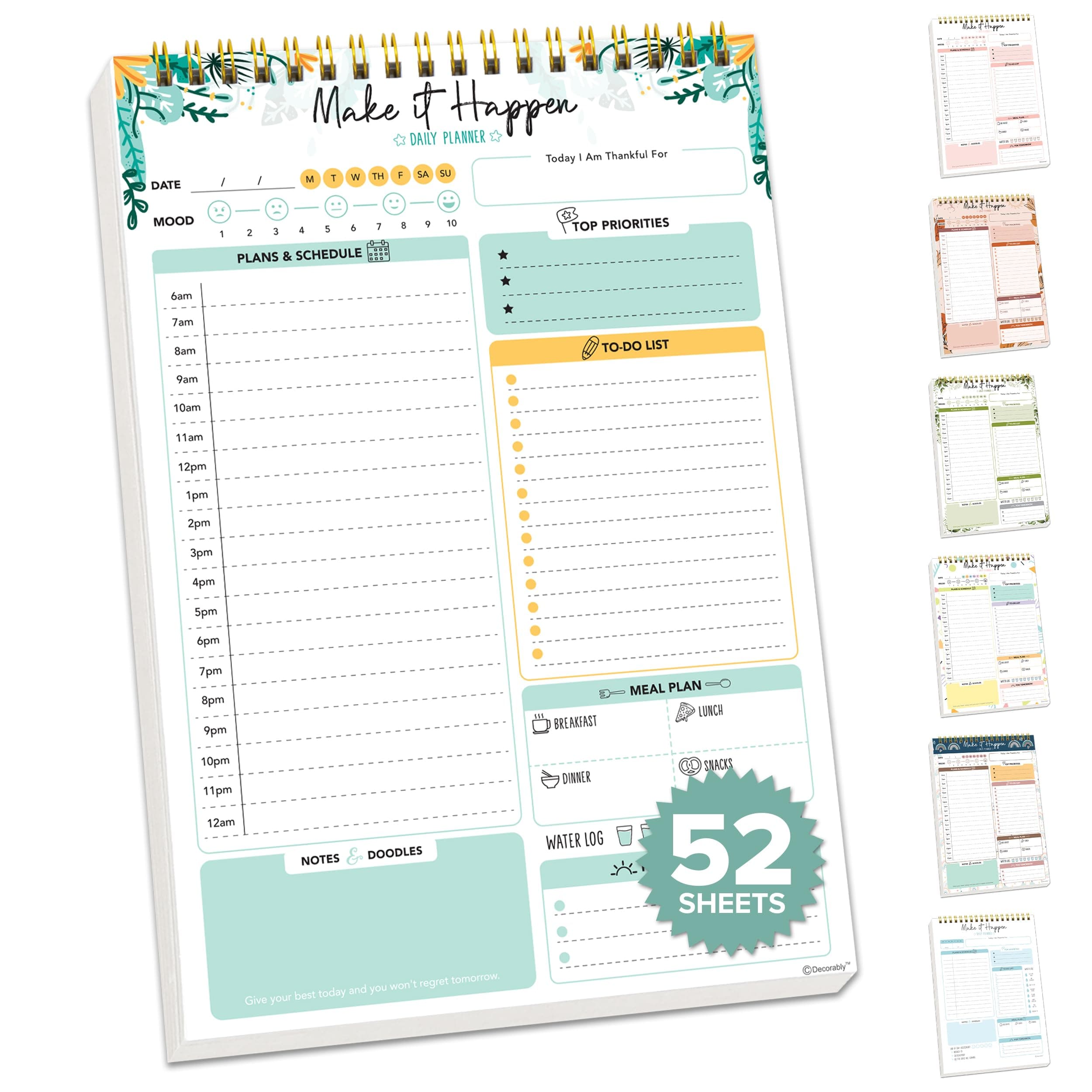 Decorably 52 Sheets Mint Green Undated Daily to Do Notepad - 6.5x10in Spring-Bound Planner Pad, Easy Tear-Off, for Schedule, Priorities, Agenda, Water Intake, Meals, Notes and Doodles - Home, Office