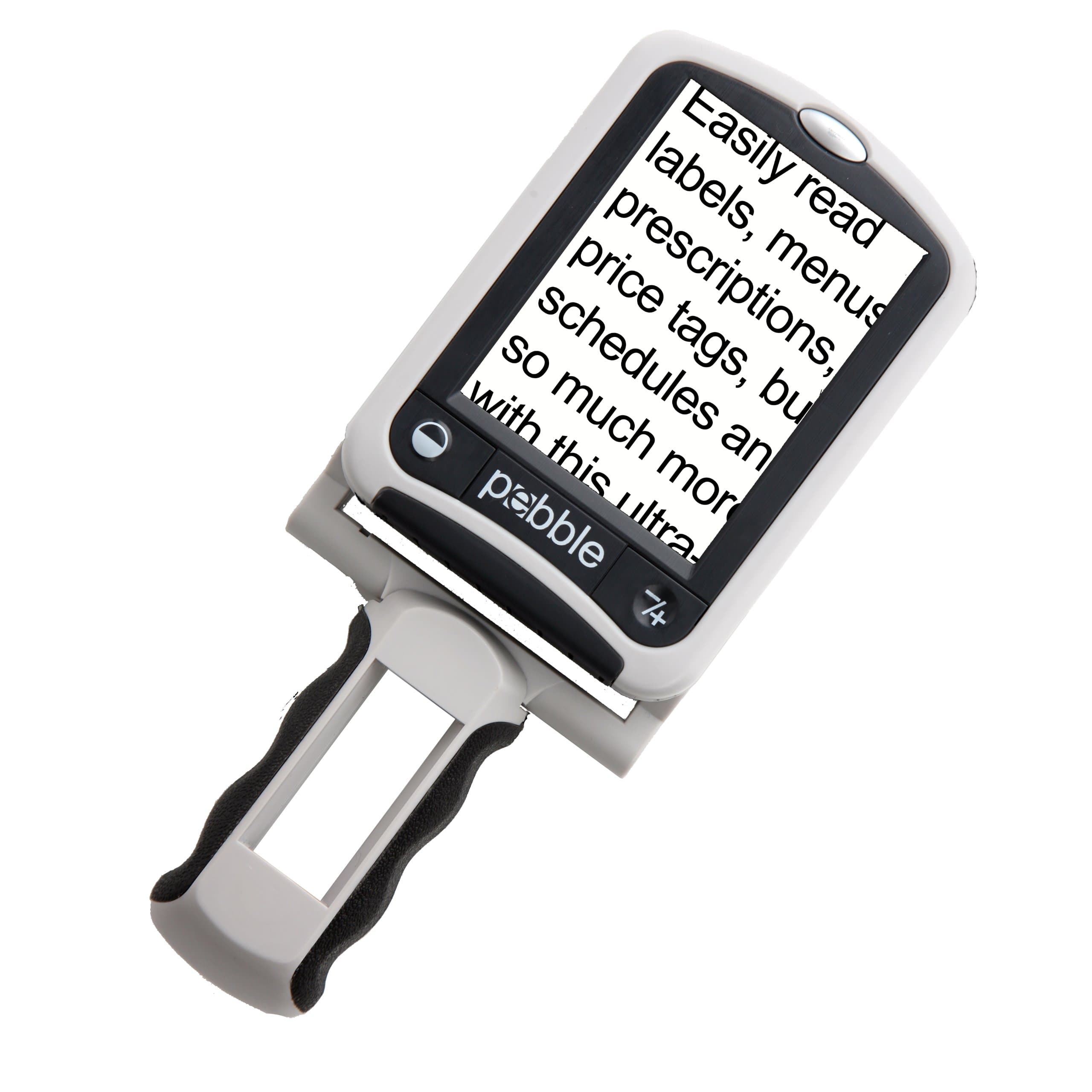 'Pebble' Full colour Handheld portable electronic cctv magnifier - zoom magnification 5x to 10x - simple and very easy to use - This device is a useful reading aid for people with macular degeneration etc - 6 different viewing modes including reverse mode and Black & White Negative or Positive - lightweight - only weighs 19 grams - useable worldwide, supplied with mains charger for any country - 2½ hours use on full charge, can also be used direct from mains - large 3.5" (89mm) non-glare screen