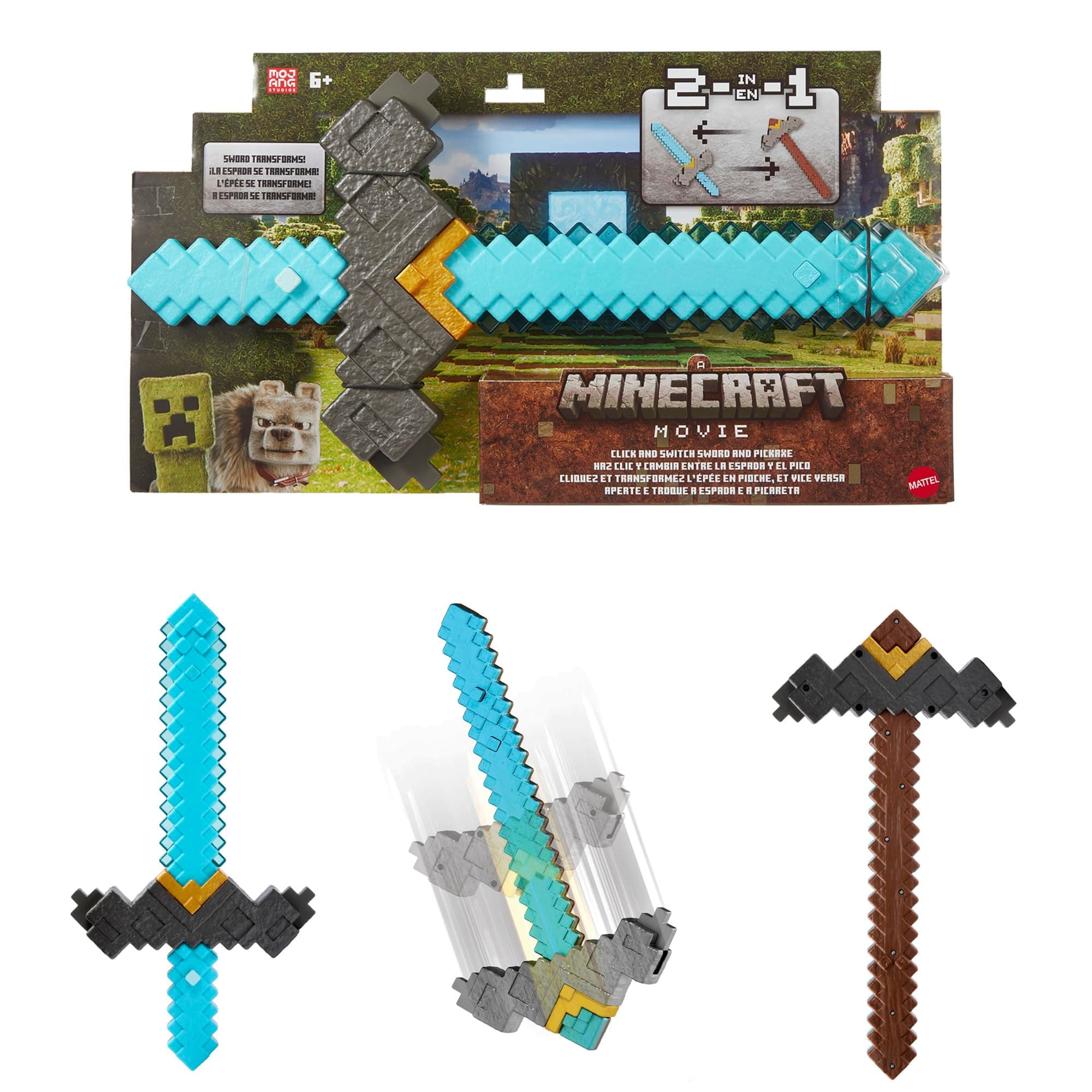 Mattel Minecraft Sword and Pickaxe 2-in-1 Toy, Button-Activated Click and Switch Role-Play Accessory Inspired by A Minecraft Movie, JFR72