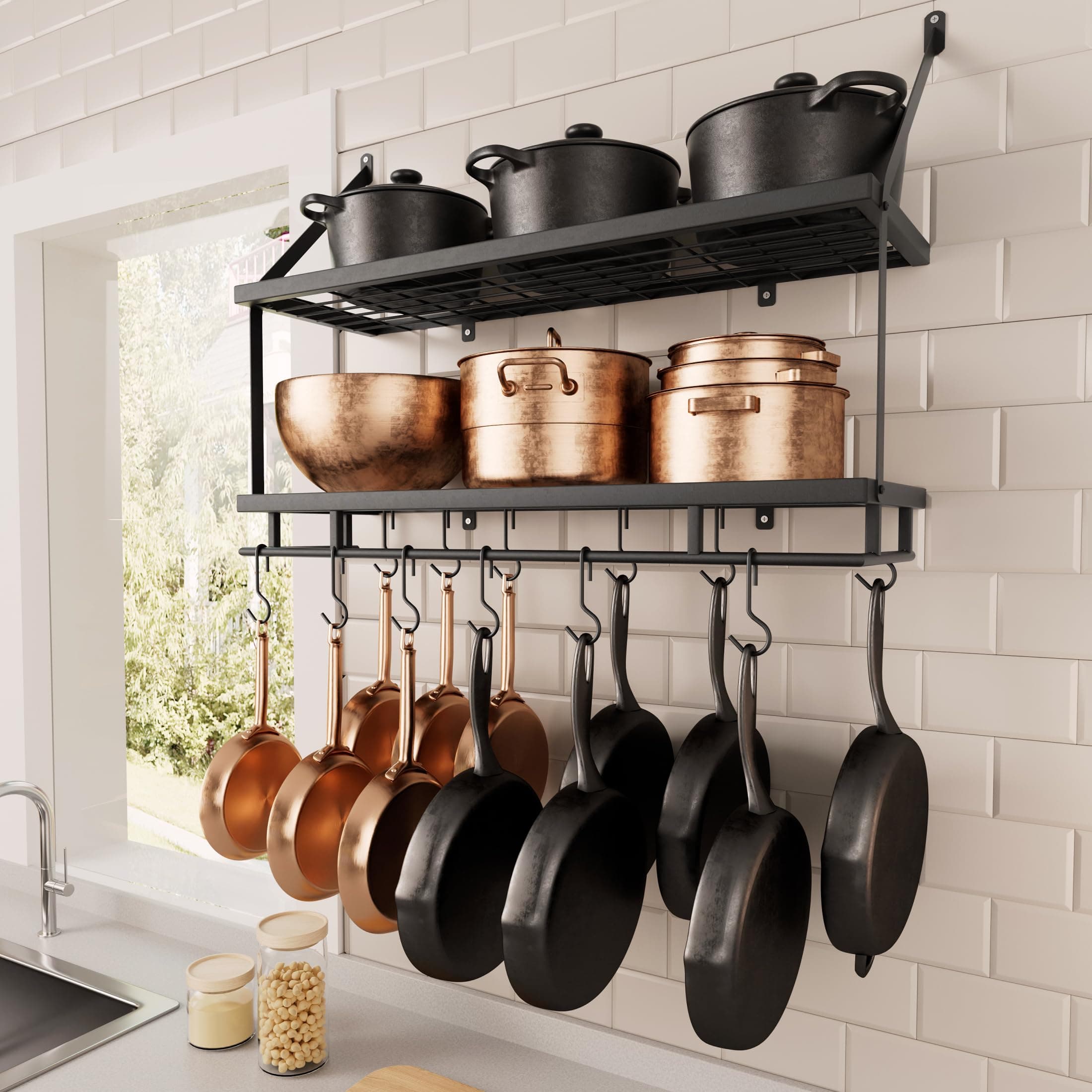 – KES Pot Pan Rack for Kitchen Hanging, 76CM Pan Hanger Rack Wall Mounted, 2-Tier Pot Rack Shelf with 12 Hooks for Kitchen Storage and Organization Matte Black, KUR215S75B-BK