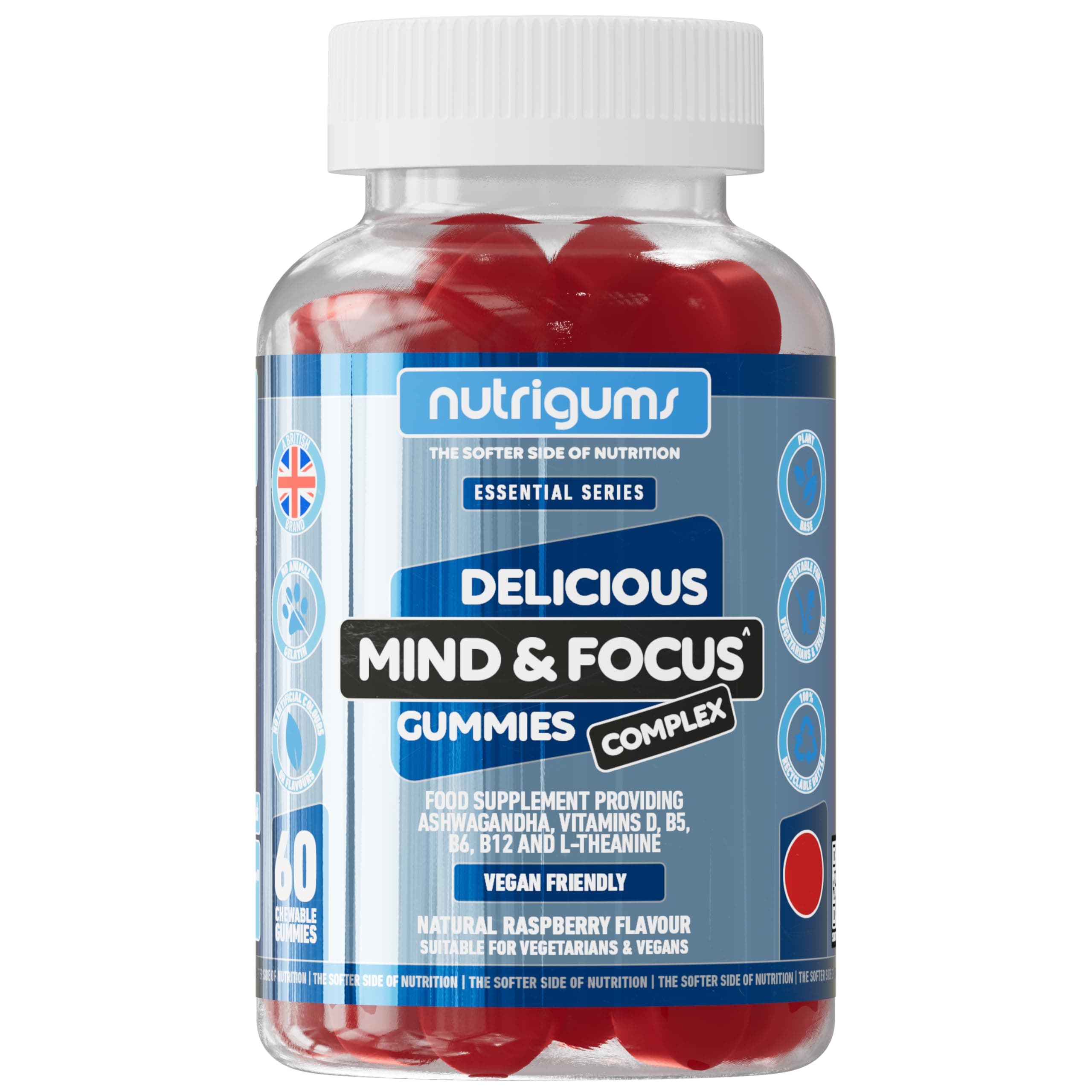Mind & Focus Ashwagandha Gummy | Ashwagandha, L-Theanine, Vitamins D, B5, B6 & B12 | Raspberry Flavour | 60 Vegan Gummies | Cognitive Health, Nervous System and Mental Performance by NUTRIGUMS®