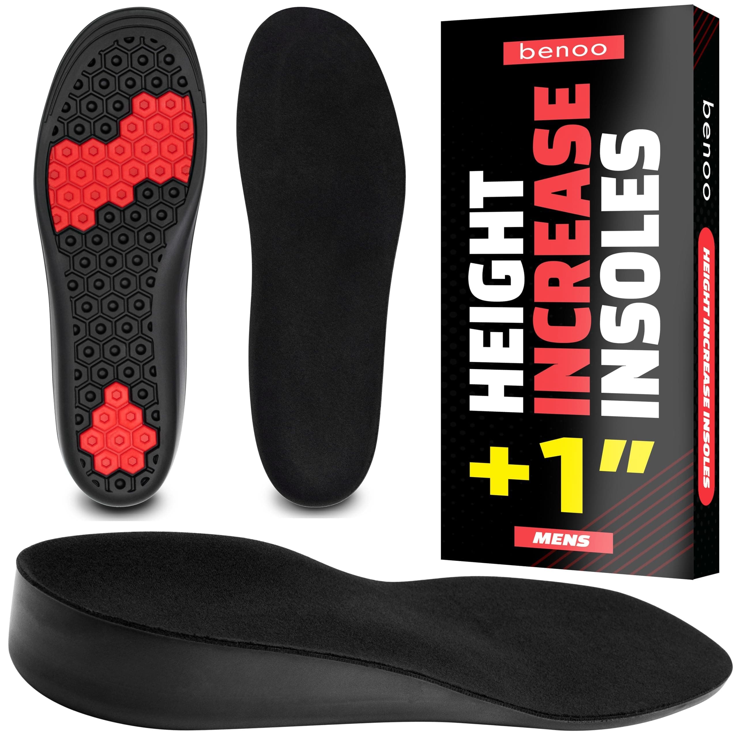 benoo Height Increase Insoles for Men (+1 inch) Instant Height Booster Insoles, Trim to Fit, Comfortable, Shoe Heel Lift (Mens 12-13.5)