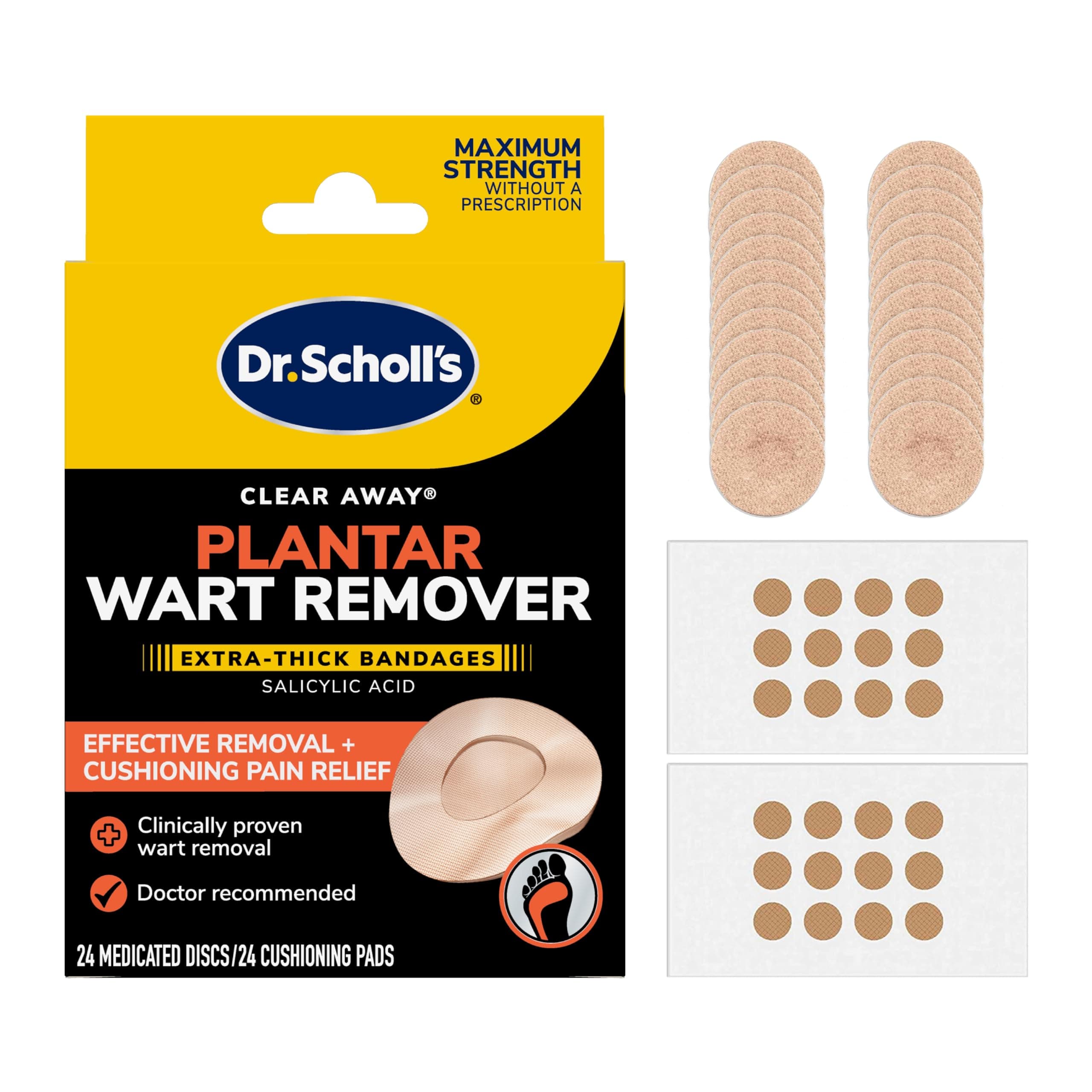 Dr. Scholl's Clear Away Plantar Wart Remover Extra-Thick Bandages for Feet, 24 Treatments - Clinically Proven Effective Wart Removal and Cushioning Pain Relief, Comfortable Multi-Day Coverage Patches