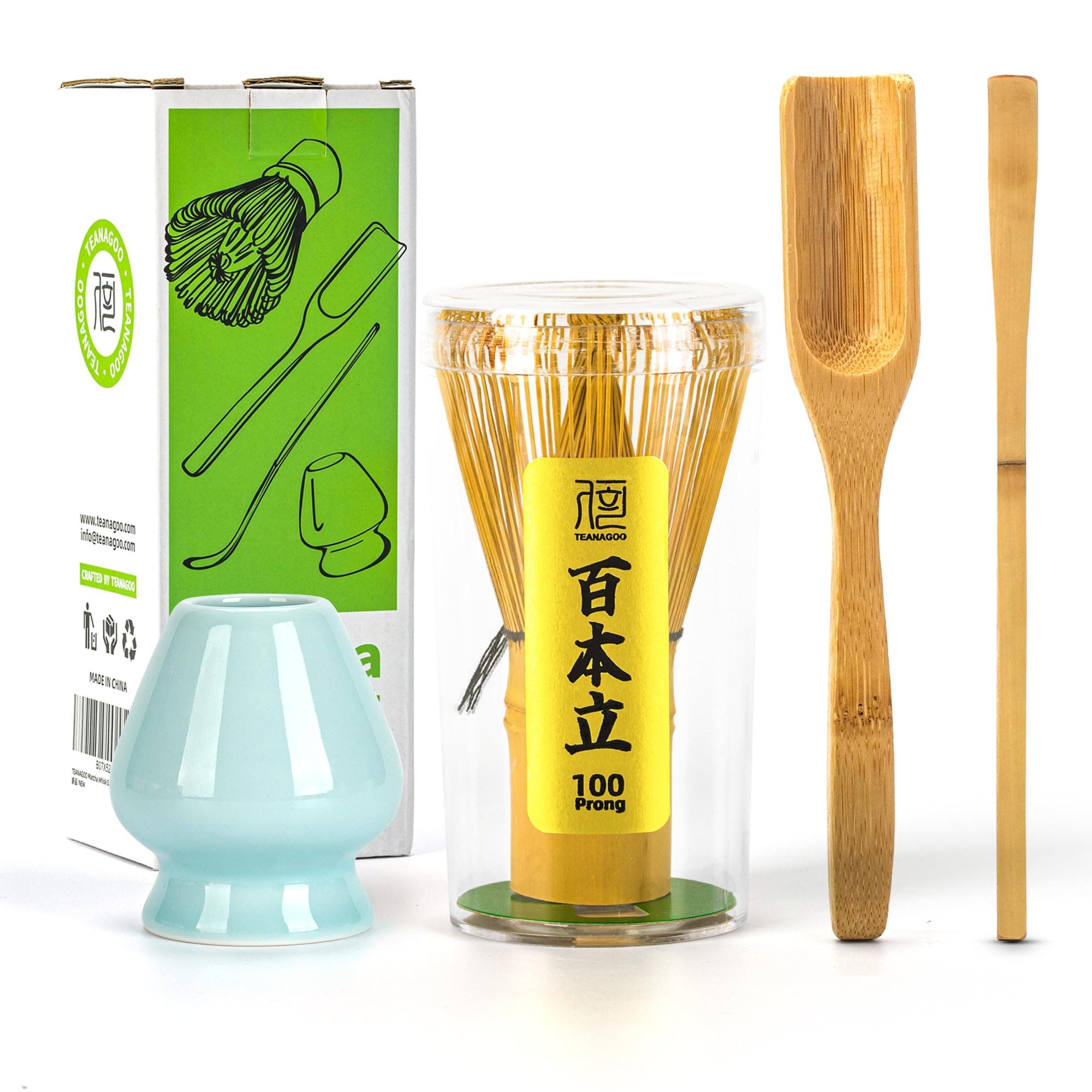 TEANAGOO Matcha Set, Bamboo Whisk (Chasen), 4 Pcs Matcha Kit,Traditional Scoop (Chashaku), Blue Celadon Whisk Holder, Perfect for Matcha Latte & Traditional Ceremonies | Premium Matcha Gift Set
