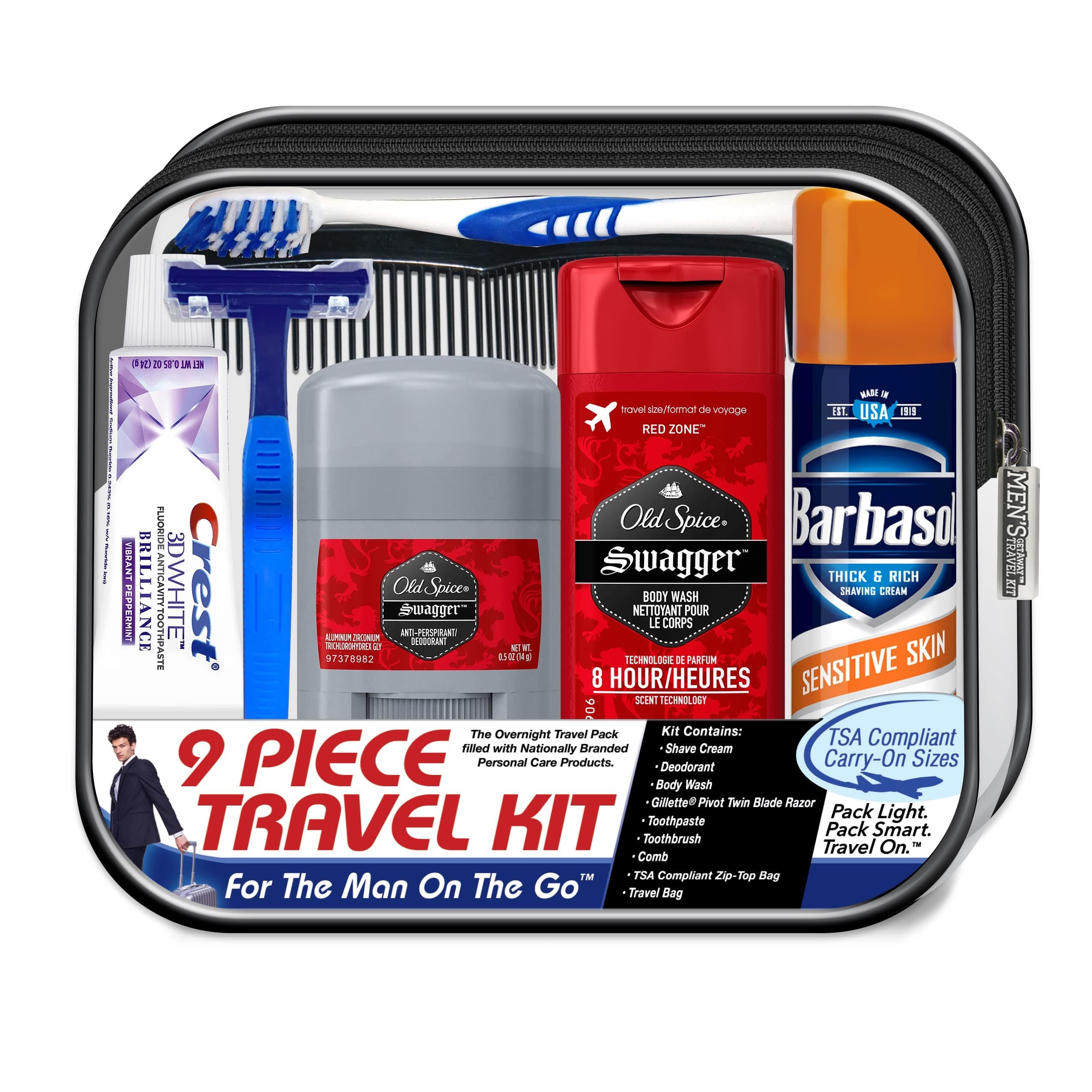 Men's Deluxe, 9-Piece Kit with Travel Size TSA Compliant Essentials, Featuring: Old Spice Products in Reuseable Toiletry Bag